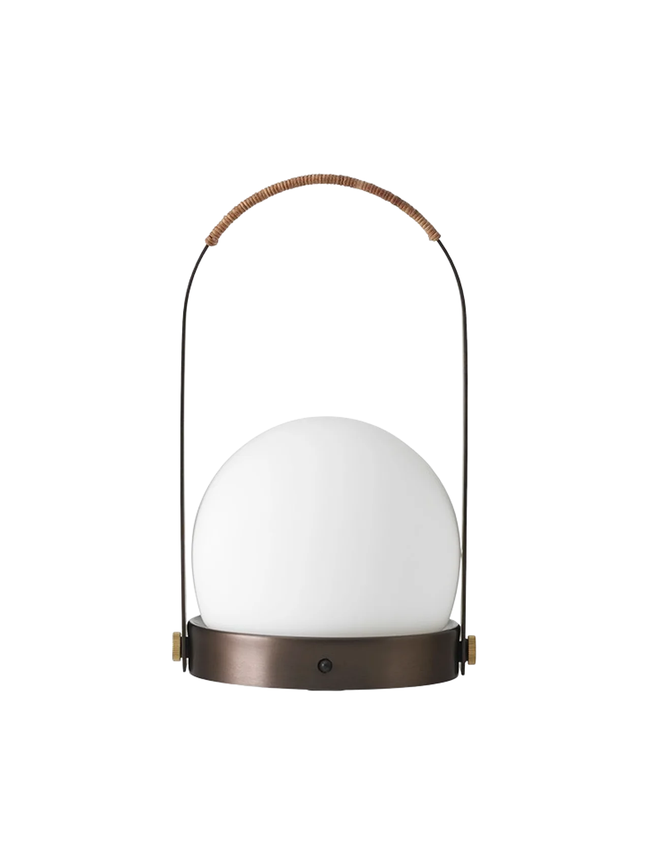 Front view of the Carrie Table Lamp in bronzed brass, featuring a white opal glass orb and a handle wrapped in brown leather.
