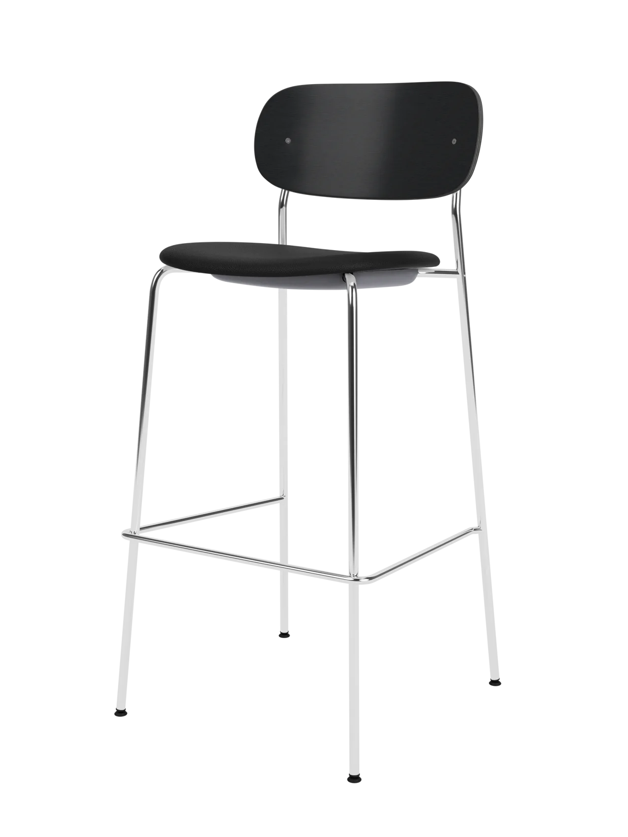 Co Bar Chair with a black upholstered seat, black painted oak backrest and slender chrome frame.