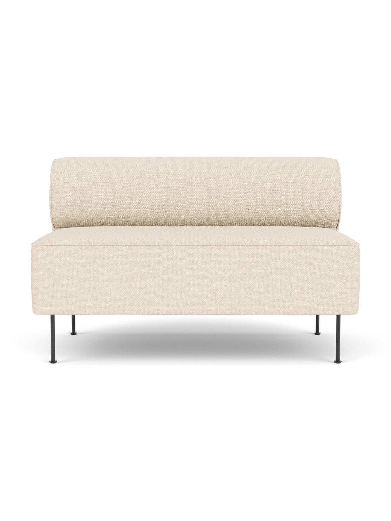 Front view of the Eave Dining Sofa in off-white Logan Jasmine fabric, with a rounded backrest and slender, dark metal legs.