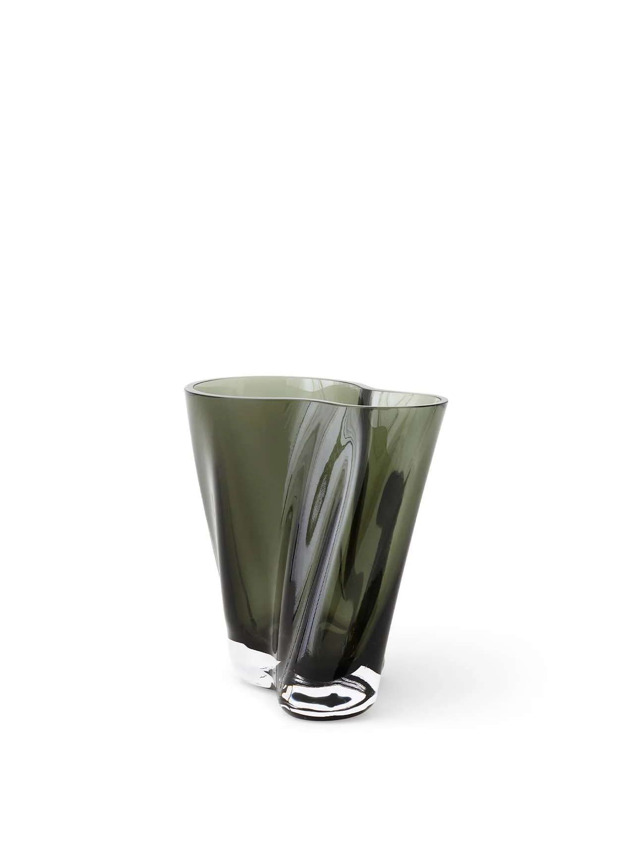 An angled view of the Aer Vase, a twisted, sculptural glass vase in a dark, smoky green hue with a thick, clear base.