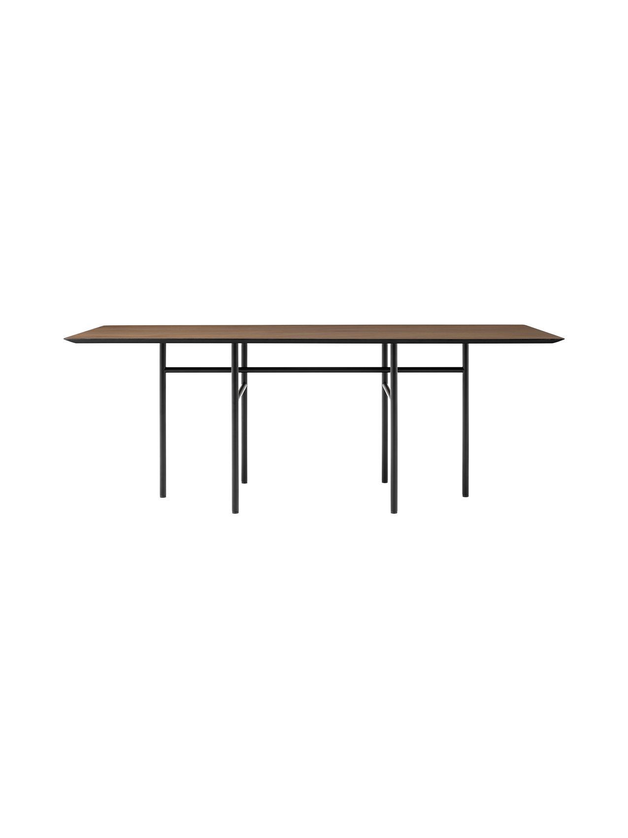 Snaregade Dining Table, Rectangular, with a dark stained oak top and black steel frame on a black background.