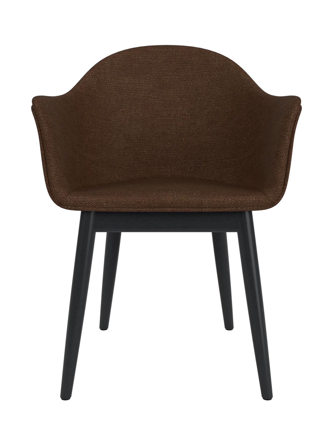 Harbour Dining Chair with dark brown Audo Bouclé 07 upholstery and a black painted oak base, seen from the front.