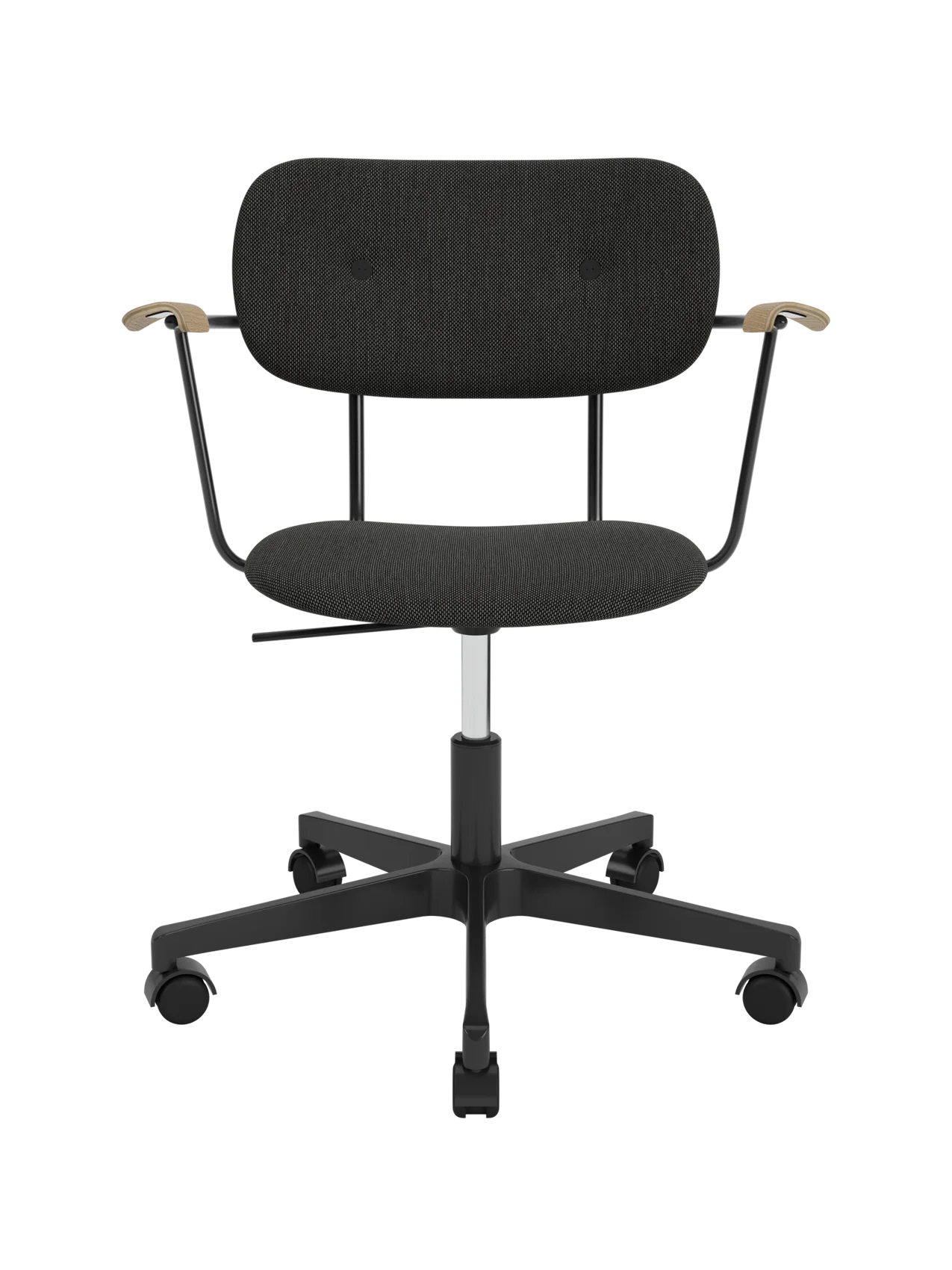 Co Task Chair with dark grey Re-wool upholstery, natural oak armrests, and a black five-star swivel base with casters.