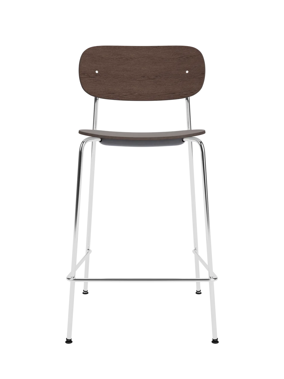 Dark stained oak Co Counter Chair with a chrome steel frame shown against a plain black background.