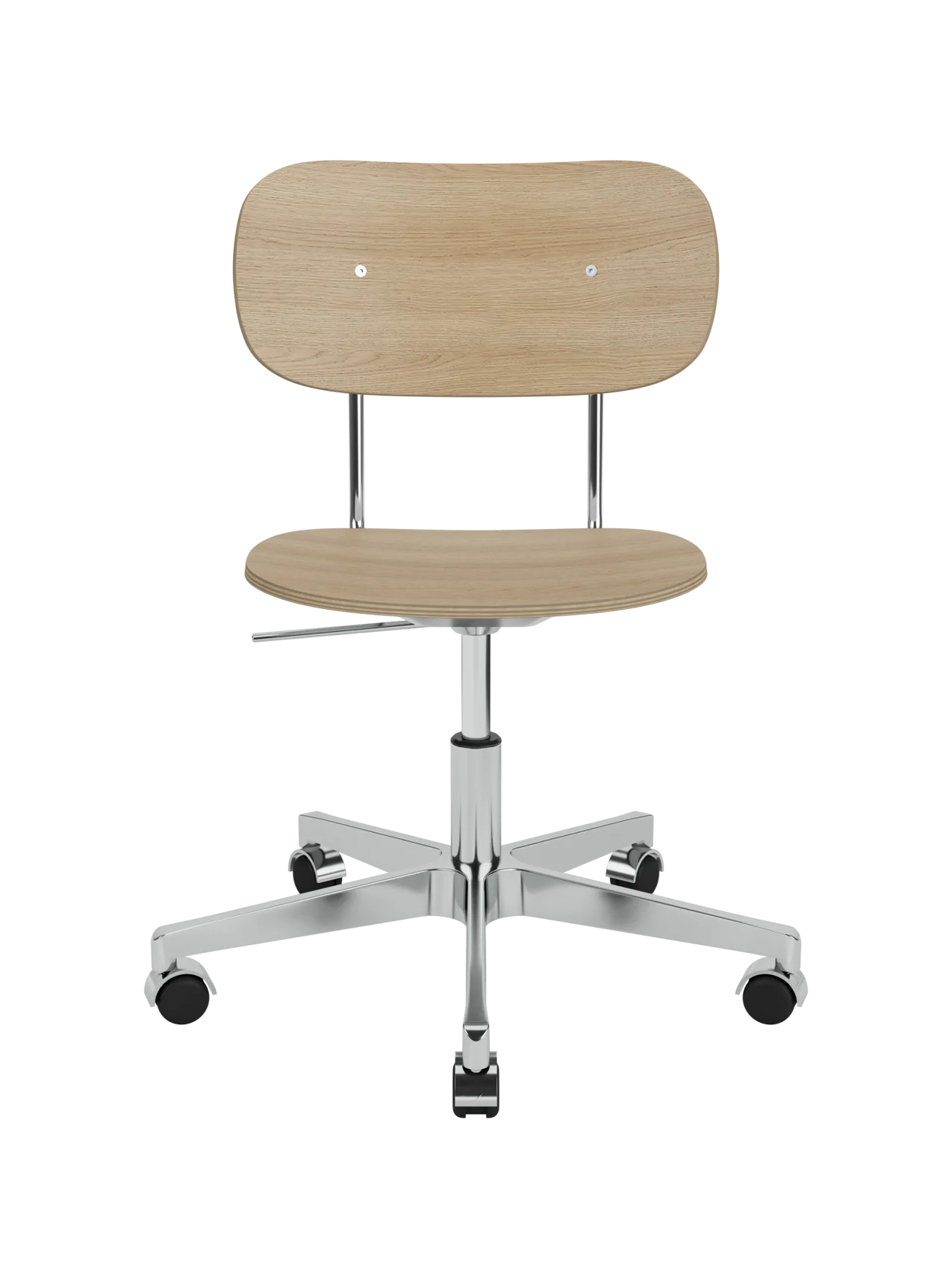 Co Task Chair in natural oak veneer with a polished aluminium five-star swivel base and castors on a white background.