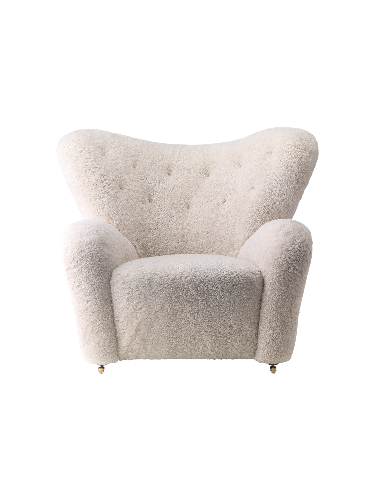 Front view of The Tired Man Lounge Chair upholstered in plush, off-white sheepskin, with a high, curved, button-tufted back.