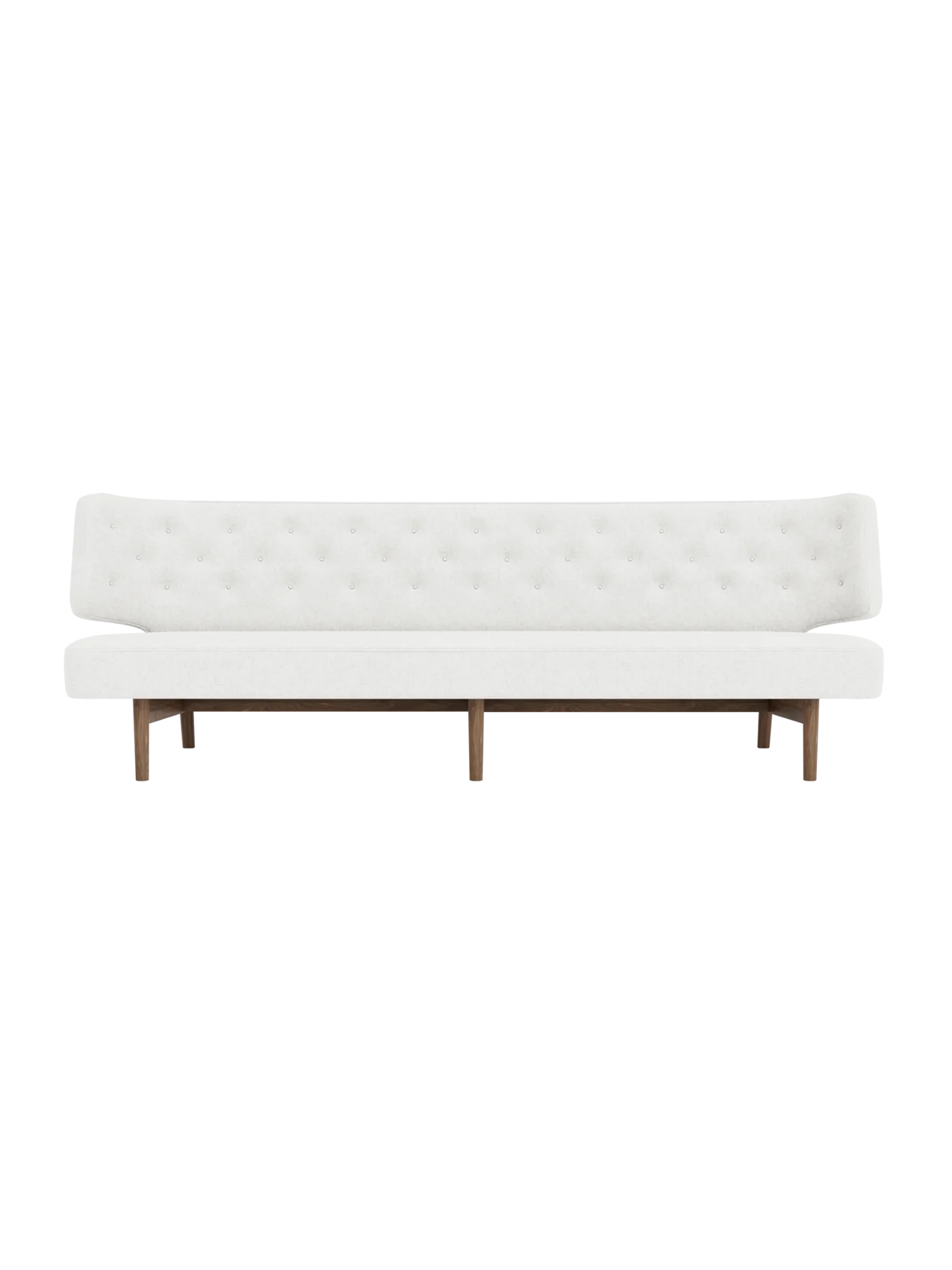 Front view of the Radiohus Sofa P3 with white, button-tufted upholstery and a dark walnut frame on a black background.