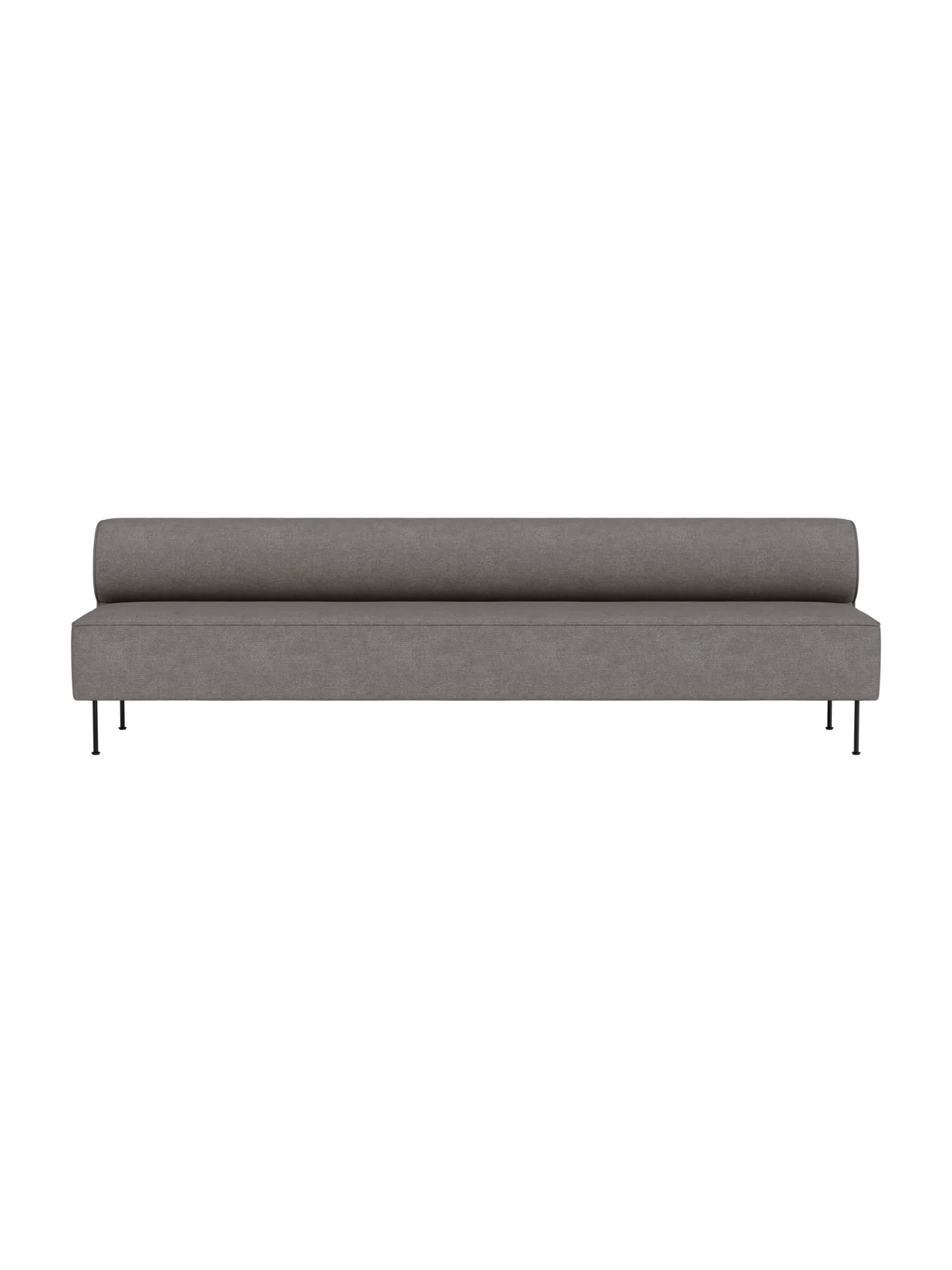 The Eave Dining Sofa in grey Audo Bouclé 16 fabric, featuring a long, low profile with a bolster back on slim legs.