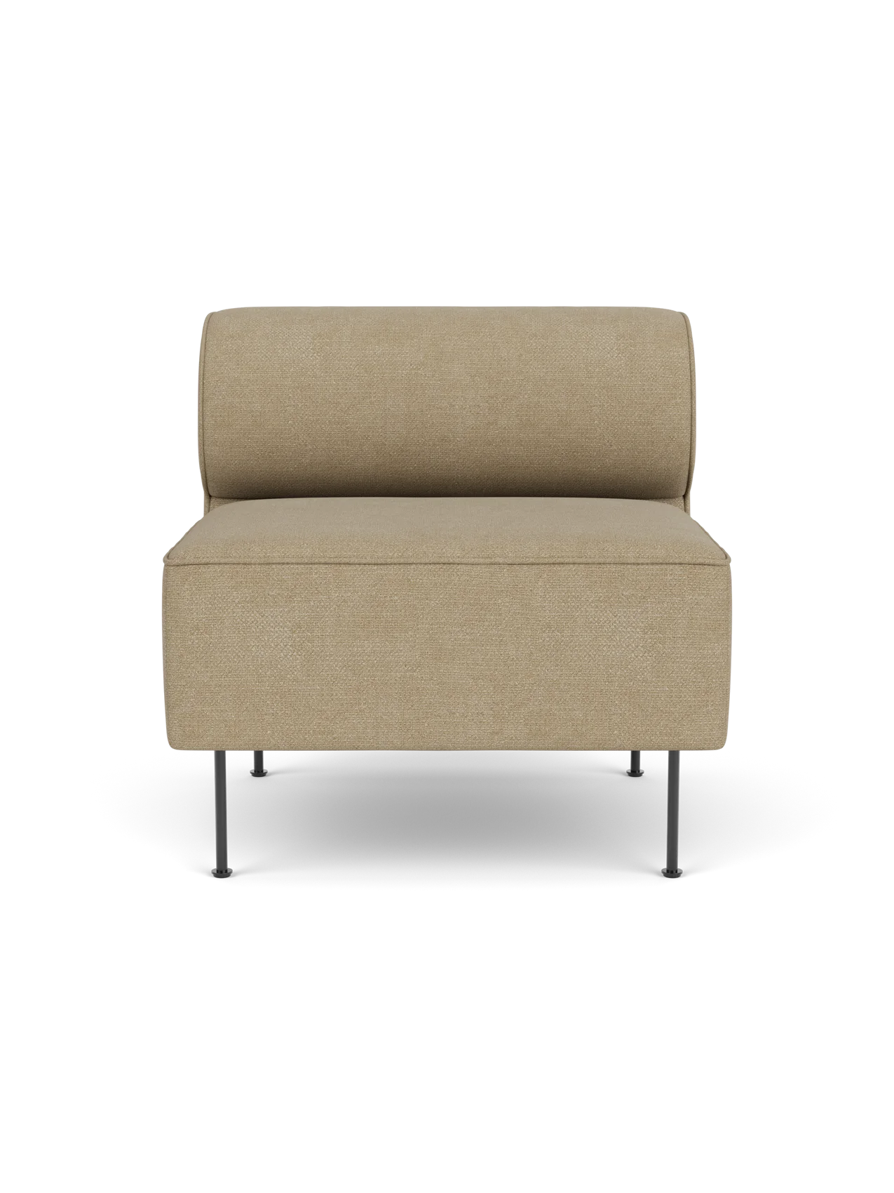 Front view of the Eave Dining Sofa module in light brown Audo Bouclé 02 fabric, showing its low back and slim metal legs.
