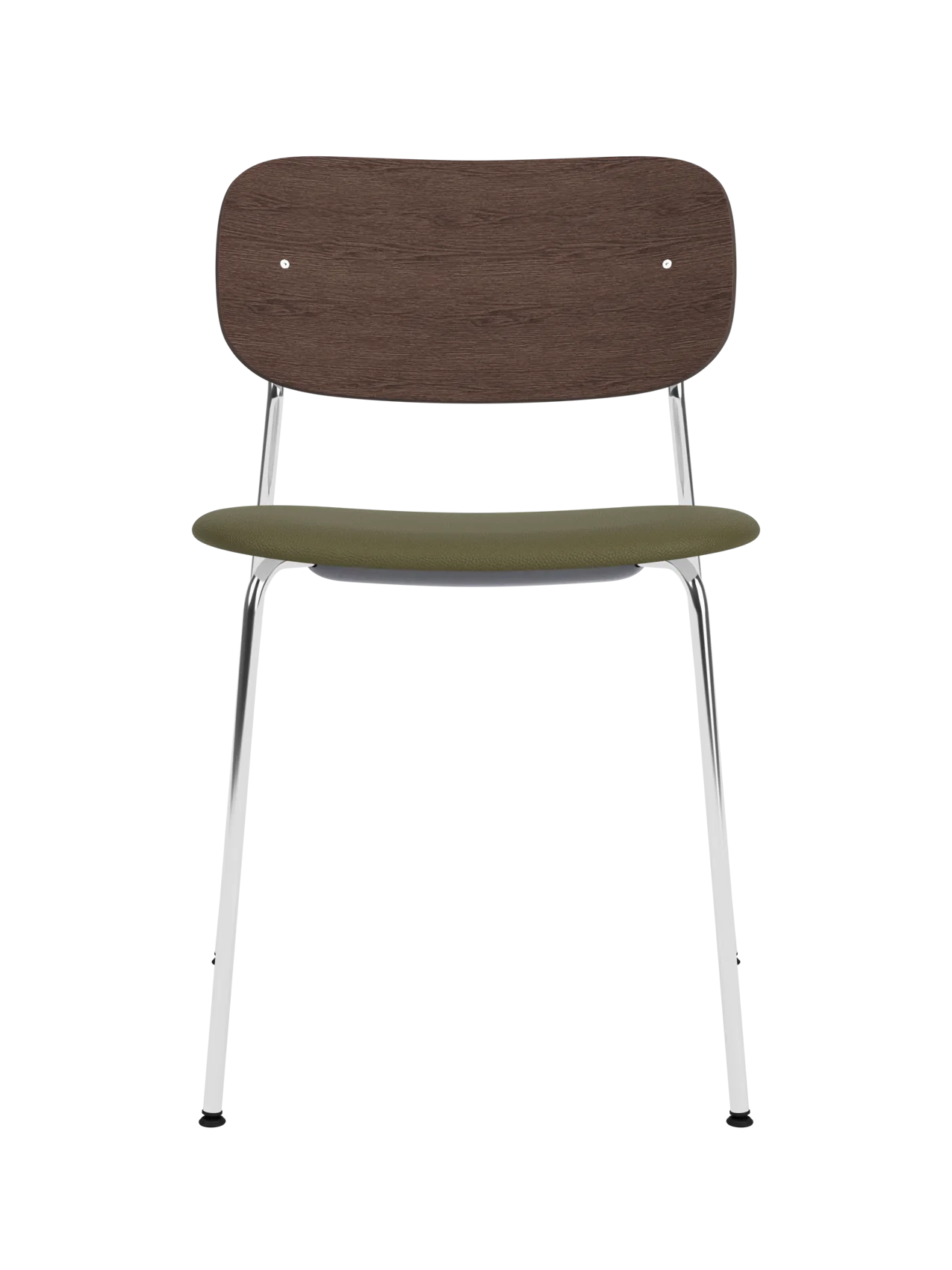 Co Dining Chair with a chrome frame, dark stained oak back and olive green Sierra leather upholstered seat.
