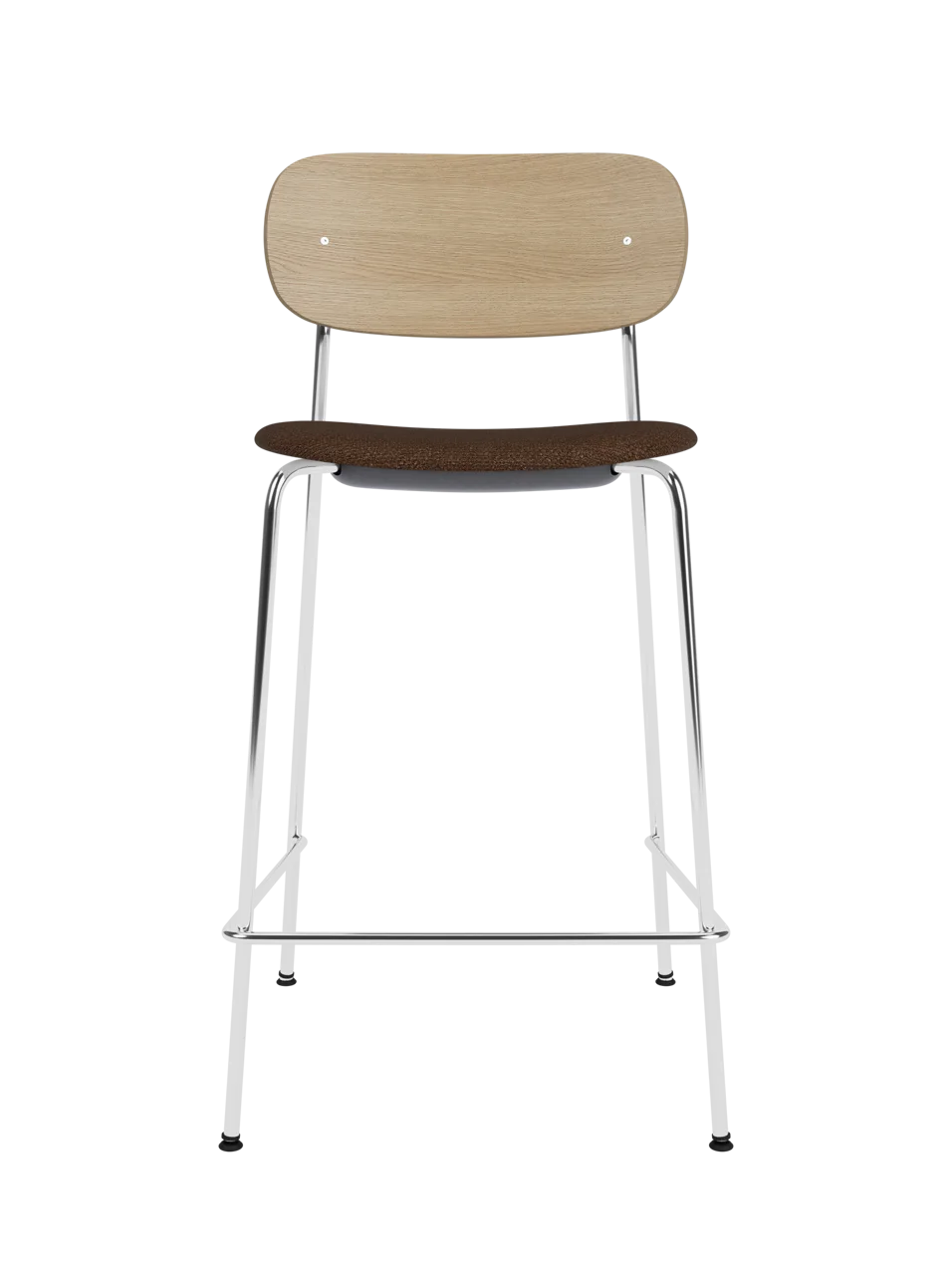 Co Counter Chair with a natural oak wood back, brown bouclé upholstered seat, and a chrome steel frame.