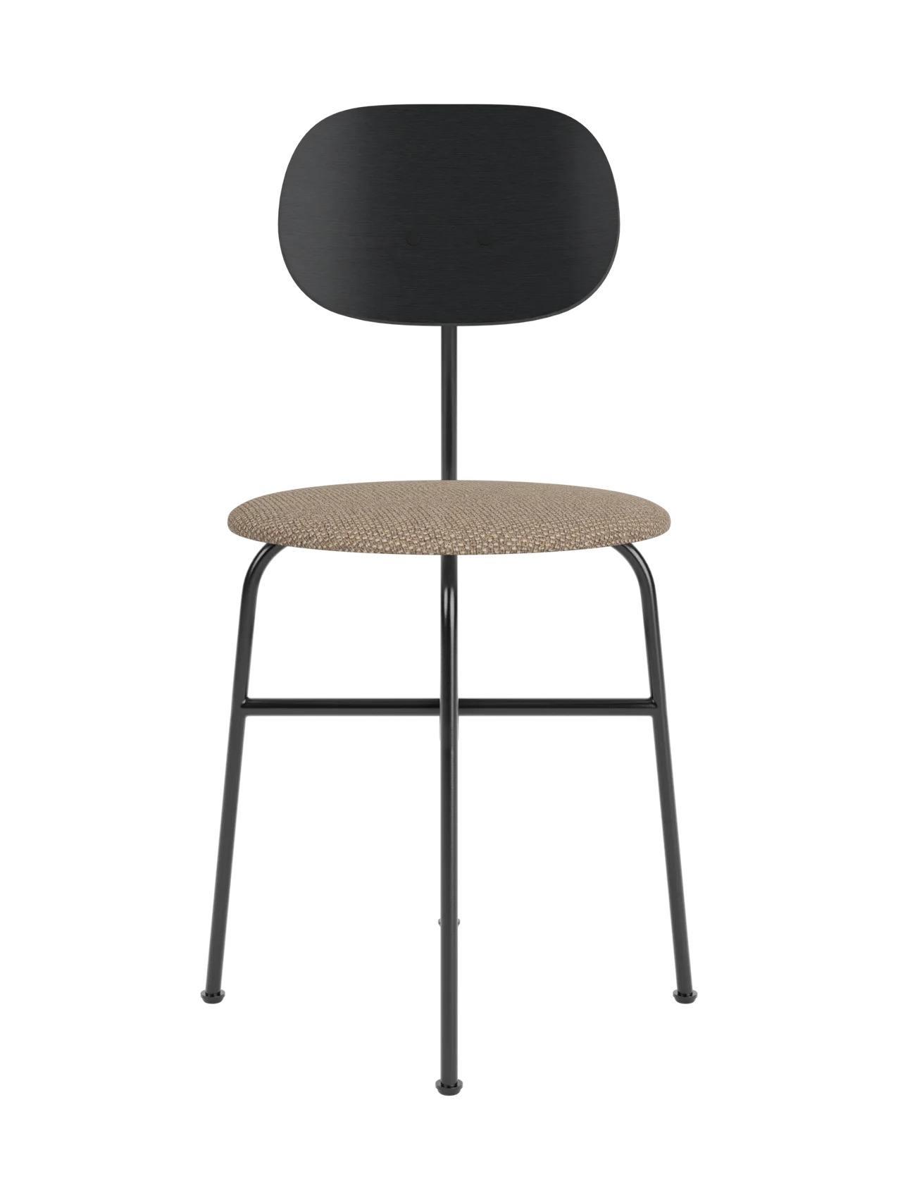 Afteroom Dining Chair Plus with a textured Logan Flint upholstered seat, black painted oak back and black steel frame.