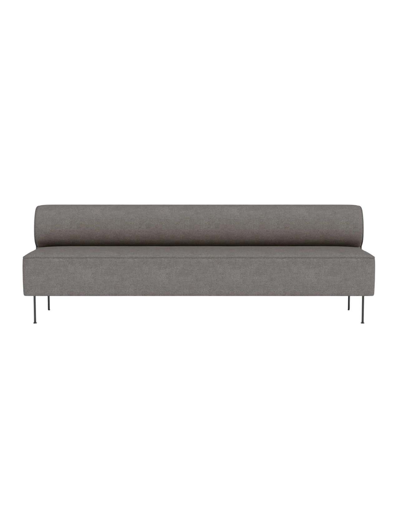 Front view of the Eave Dining Sofa in grey Audo Bouclé 16 fabric, showing its long, low profile and slender metal legs.