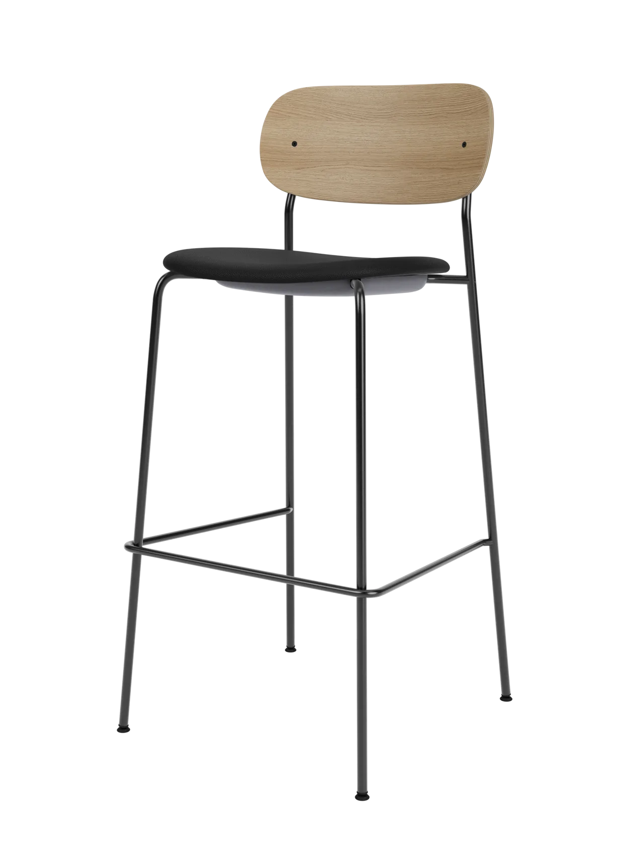 Co Bar Chair with a natural oak backrest and black upholstered seat on a slender black steel frame with footrest.