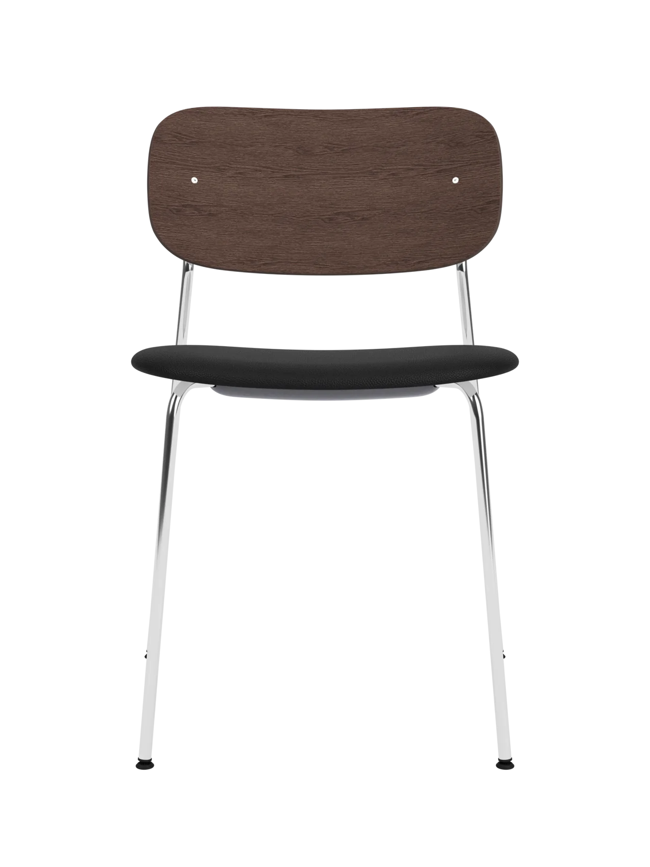 Co Dining Chair featuring a dark-stained oak backrest, black upholstered seat and a slim chrome frame.