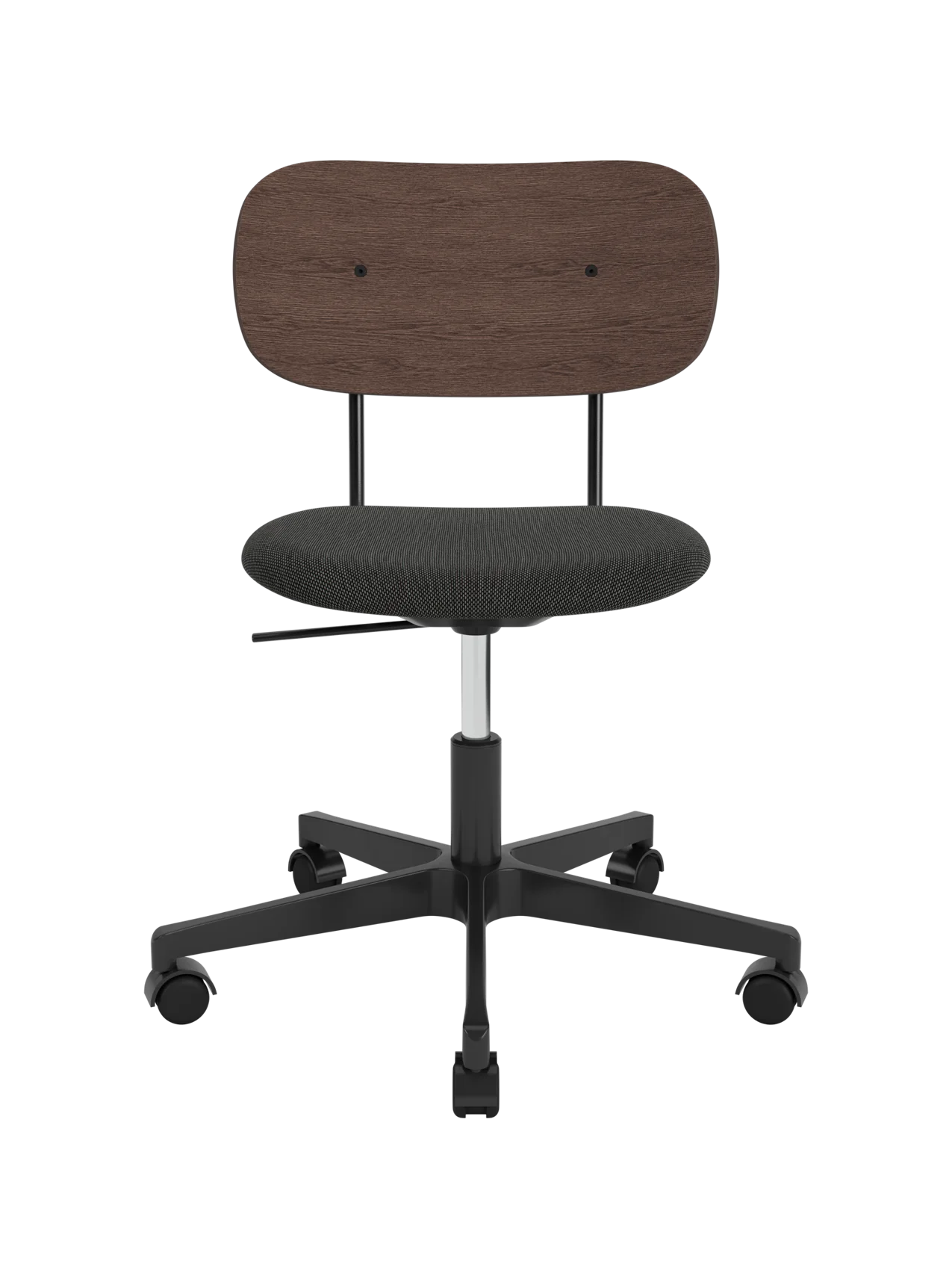 Co Task Chair with a dark stained oak back and grey upholstered seat on a black five-star swivel base with castors.
