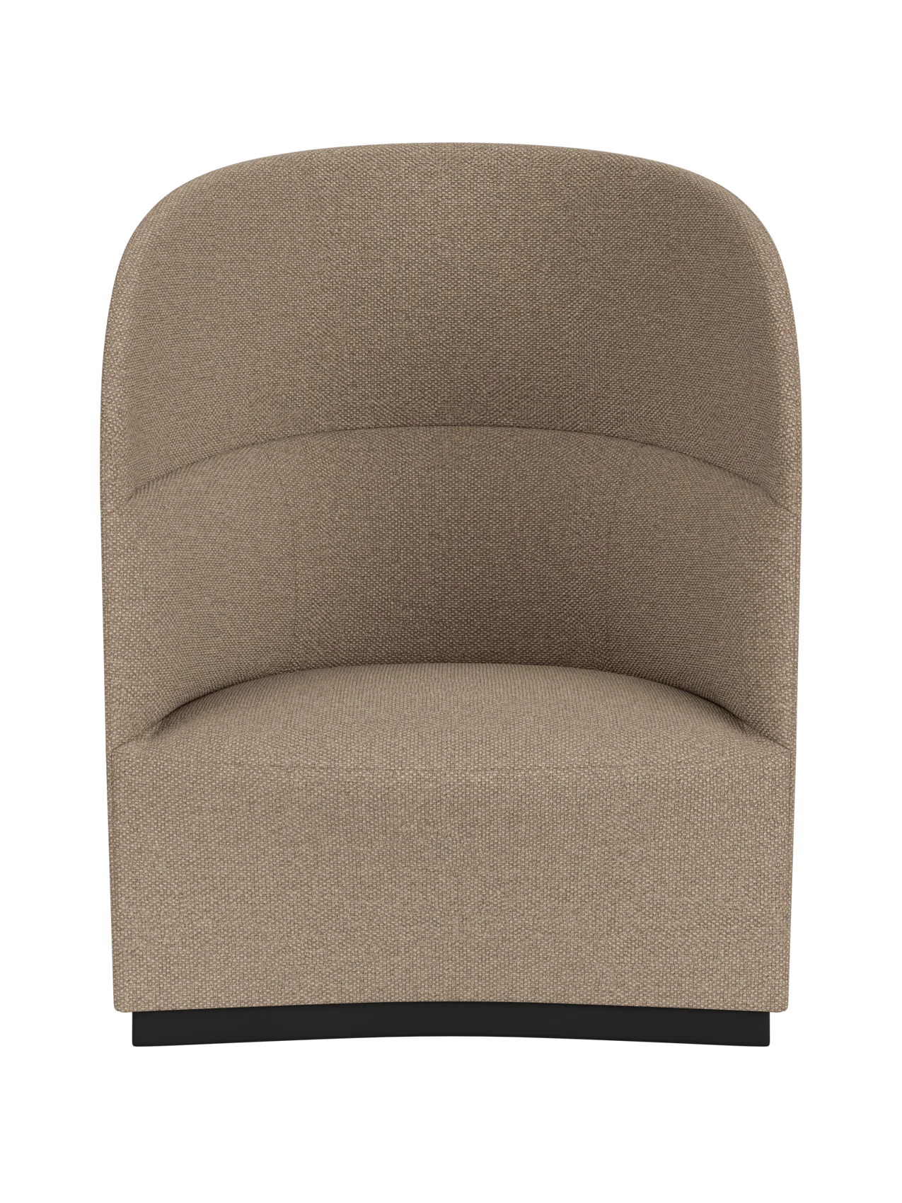 Front view of the Tearoom Lounge Chair, High Back, in textured, grey-brown Logan Flint fabric on a black background.