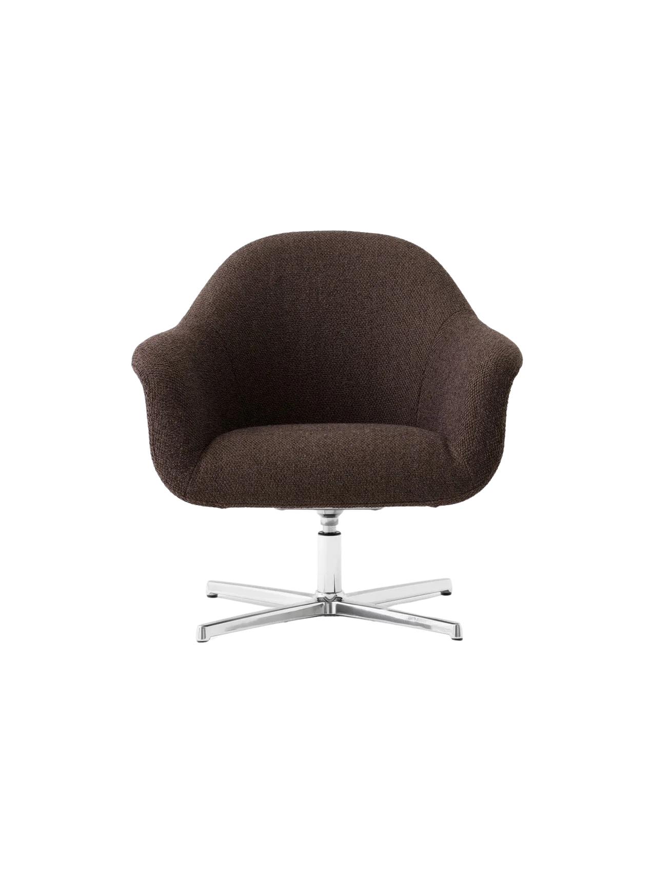 Front view of the Harbour Lounge Chair, upholstered in dark brown Baena fabric with a polished aluminium star swivel base.