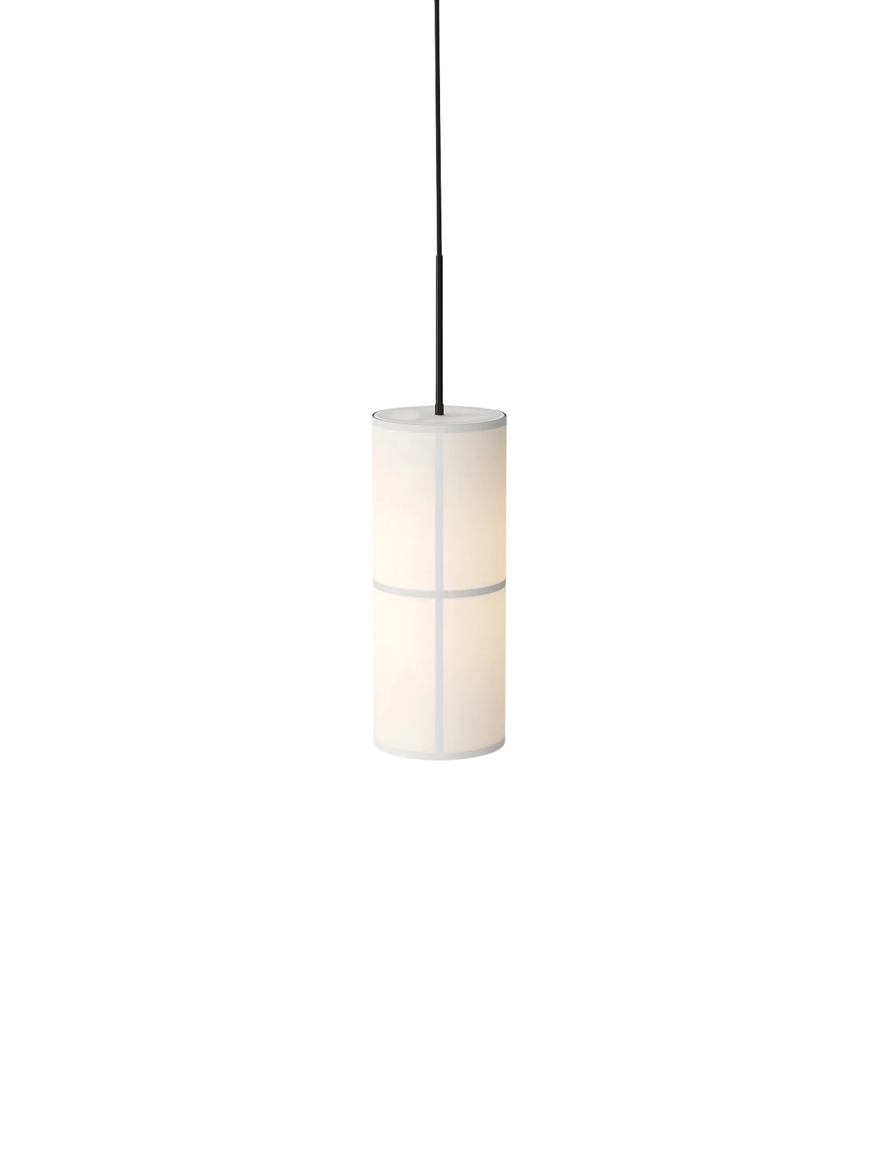 Front view of the small Hashira Pendant Lamp. The illuminated white linen shade reveals its internal graphic structure.