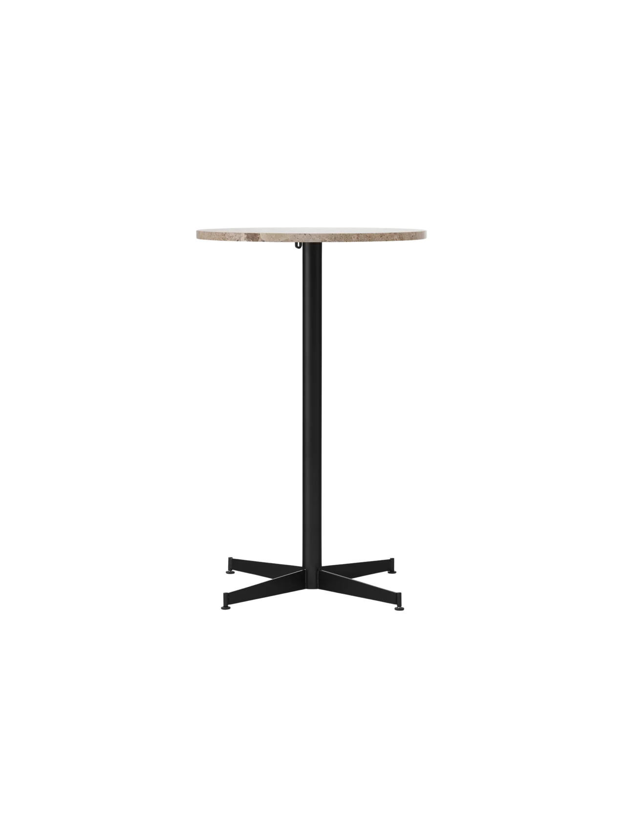 Front view of the Nook Counter Table with a round Kunis Breccia stone top and a slim black metal pedestal base.
