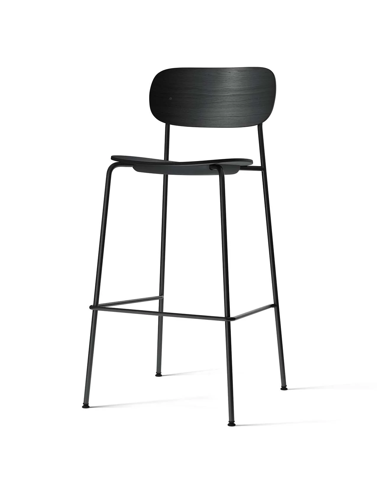 A Co Bar Chair with a black oak veneer seat and curved backrest, set on a slender black steel frame with footrests.