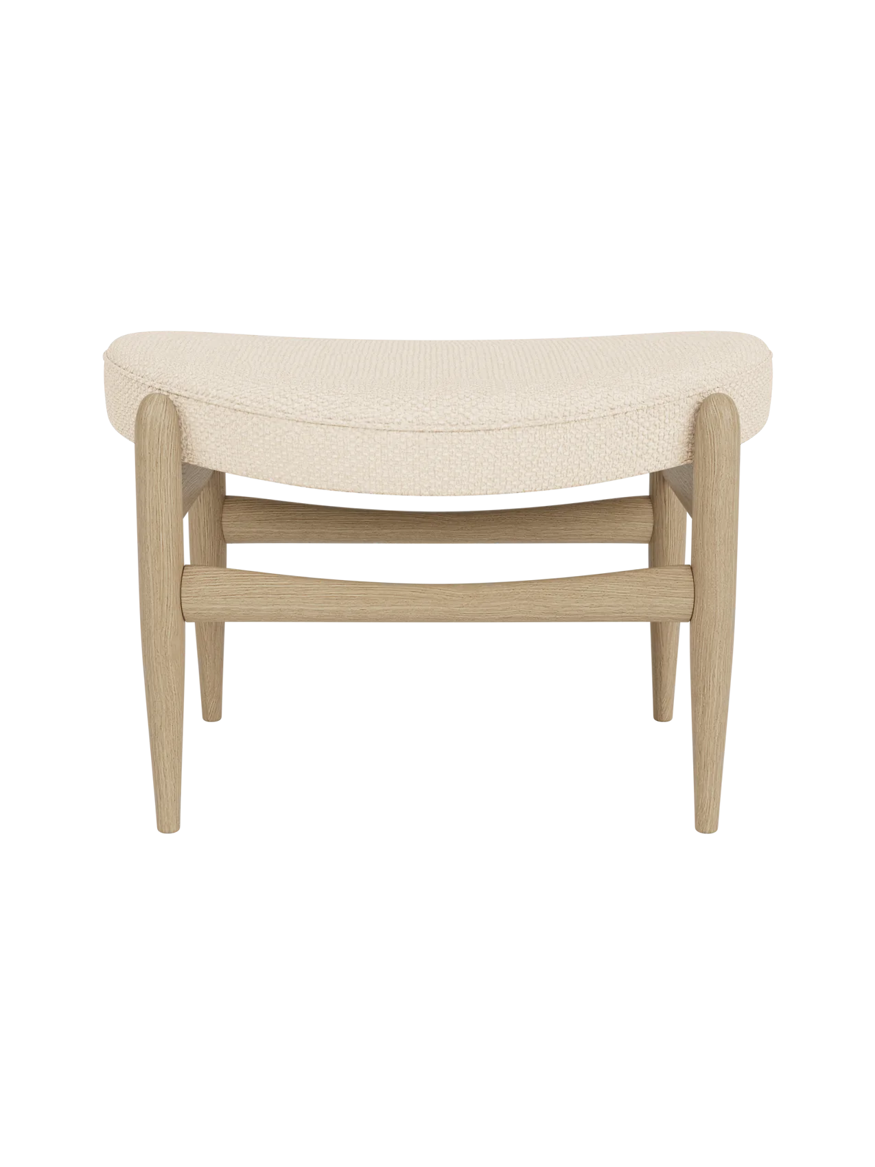 Front view of the Elizabeth Ottoman with natural oak frame and a curved cushion upholstered in Logan Jasmine fabric.