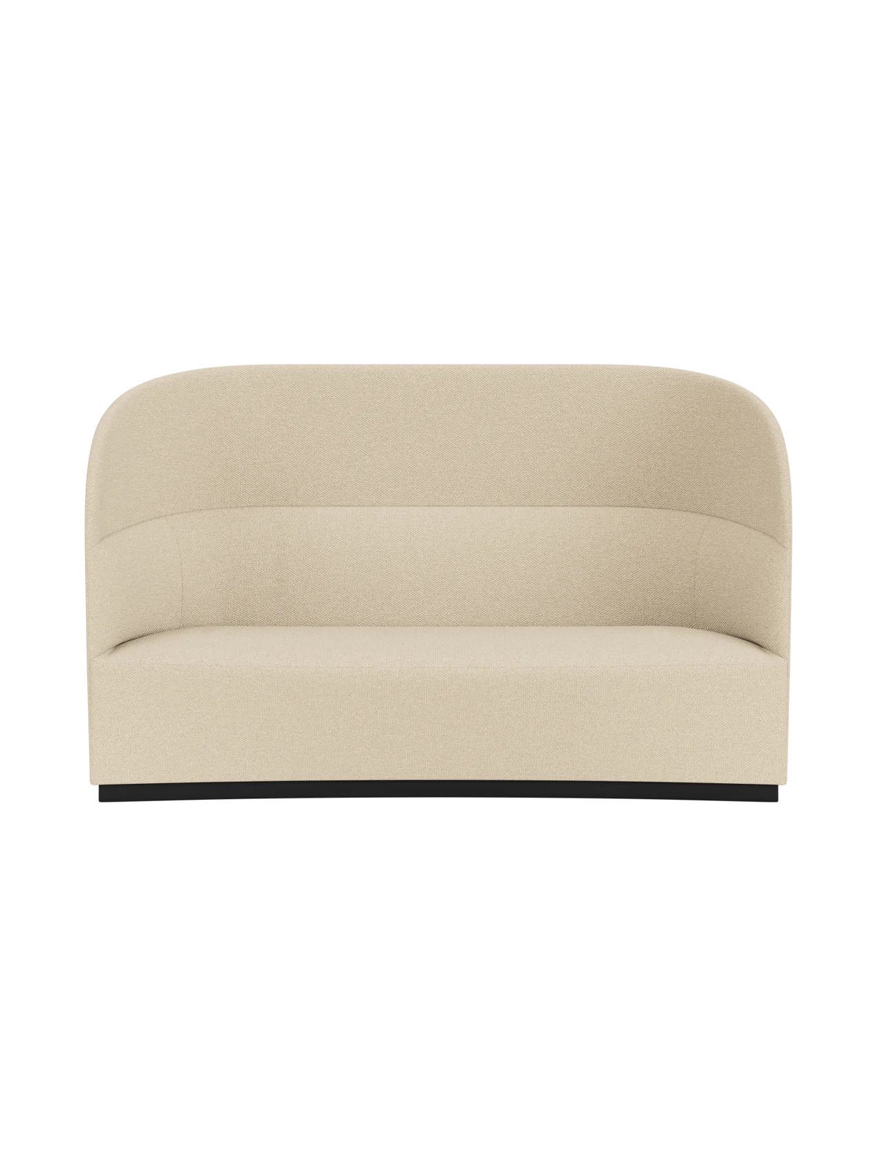 Front view of the Tearoom Sofa, High Back upholstered in a textured, sandy-beige Logan Sand fabric, on a recessed black base.