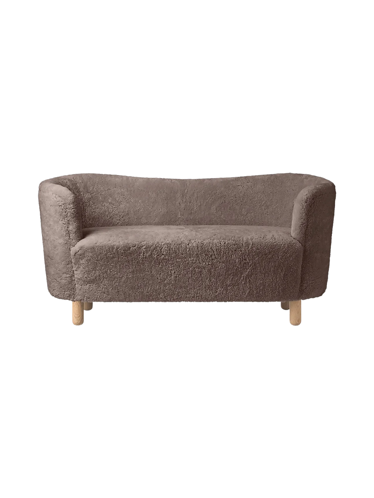 Front view of the Mingle Sofa upholstered in textured, Sahara-coloured sheepskin, with four light-coloured natural oak legs.