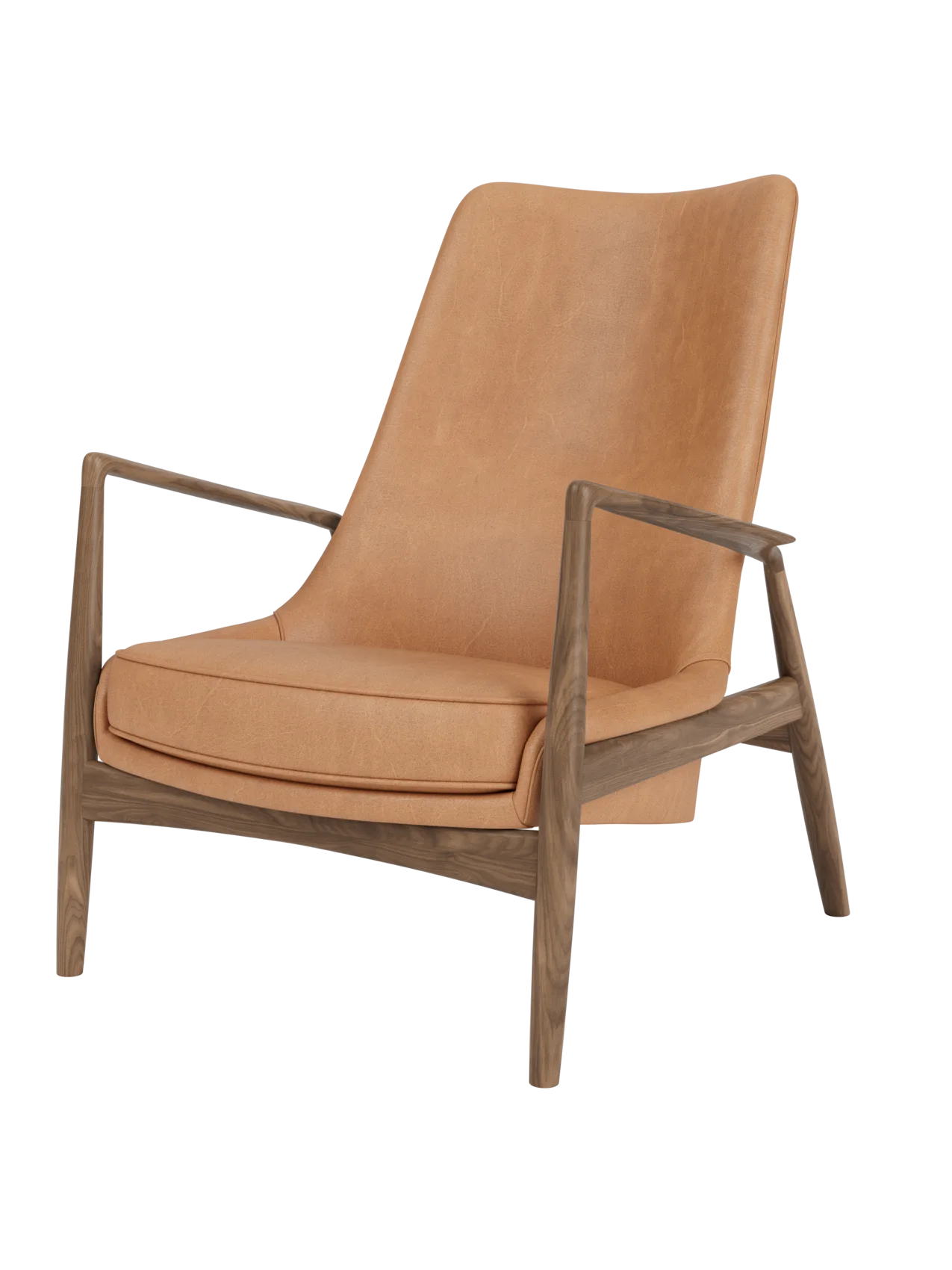 The Seal Lounge Chair, High Back in camel leather and solid walnut frame, featuring signature angled armrests.