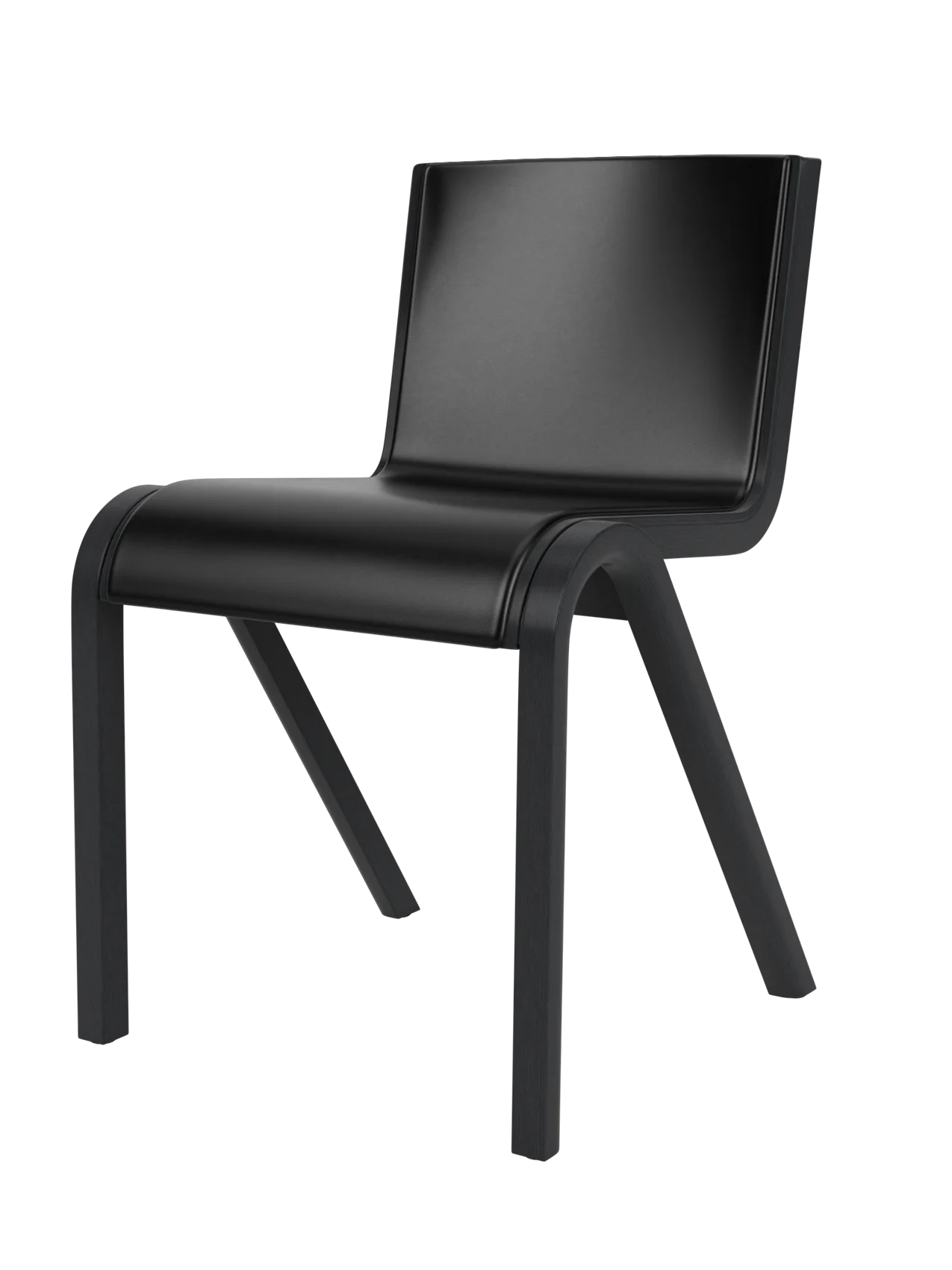 Ready Dining Chair, Front Upholstered, in black leather with a minimalist cantilevered black painted oak frame.