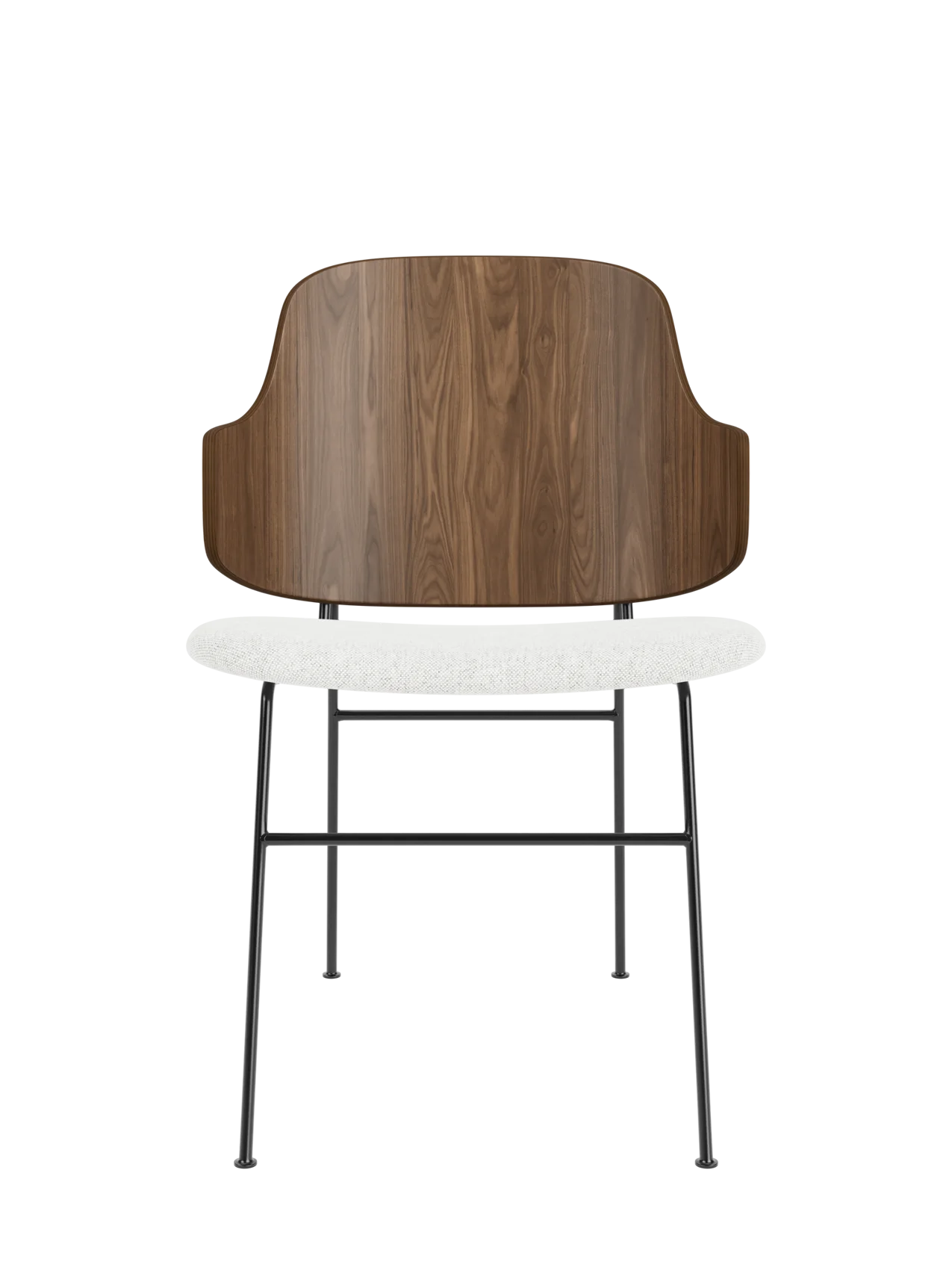 The Penguin Dining Chair with a walnut back and light grey Hallingdal upholstery on a slender black steel frame.