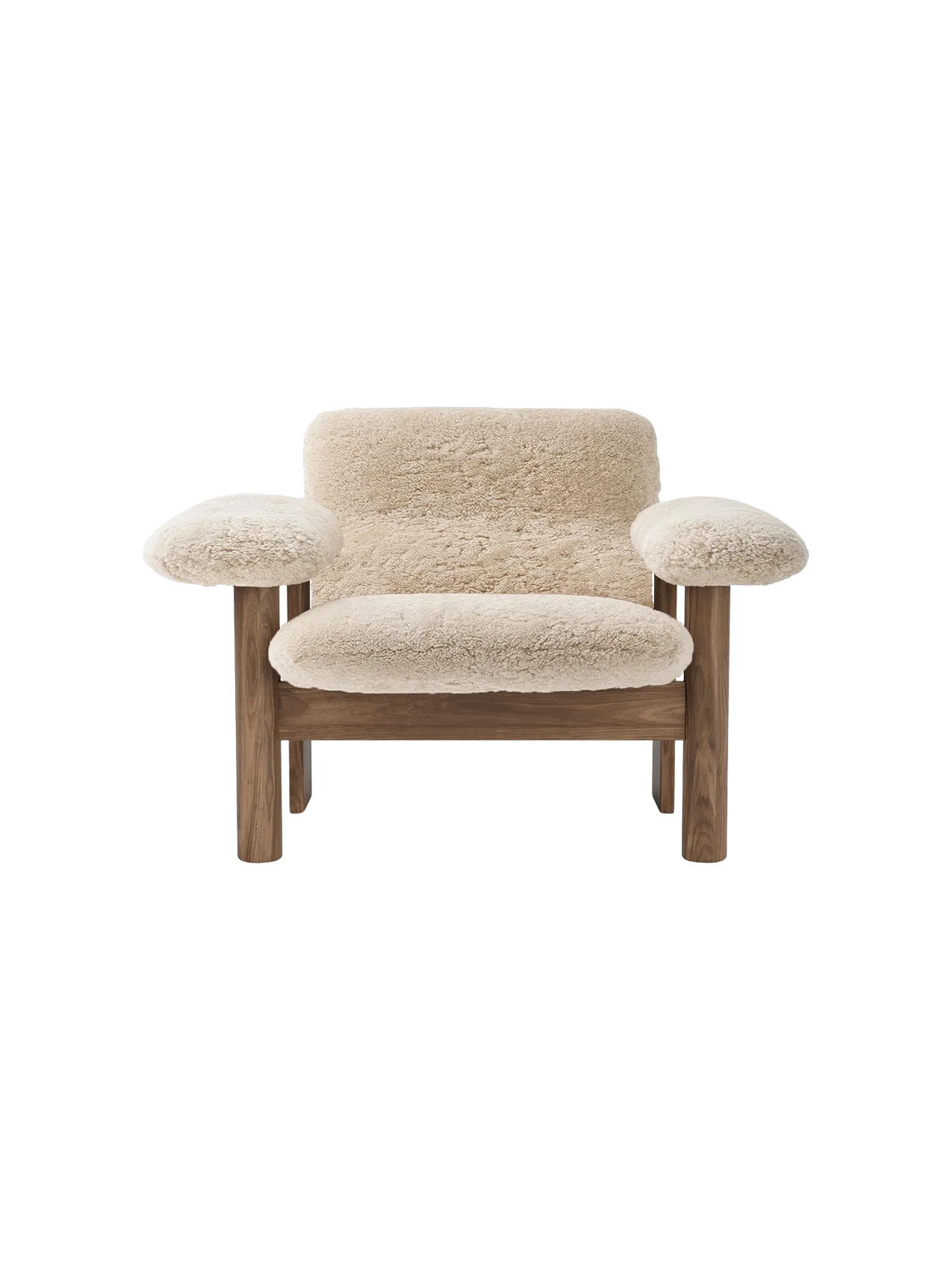 Front view of the Brasilia Lounge Chair, Low Back, Sheepskin, with a dark wood frame and cream sheepskin upholstery.