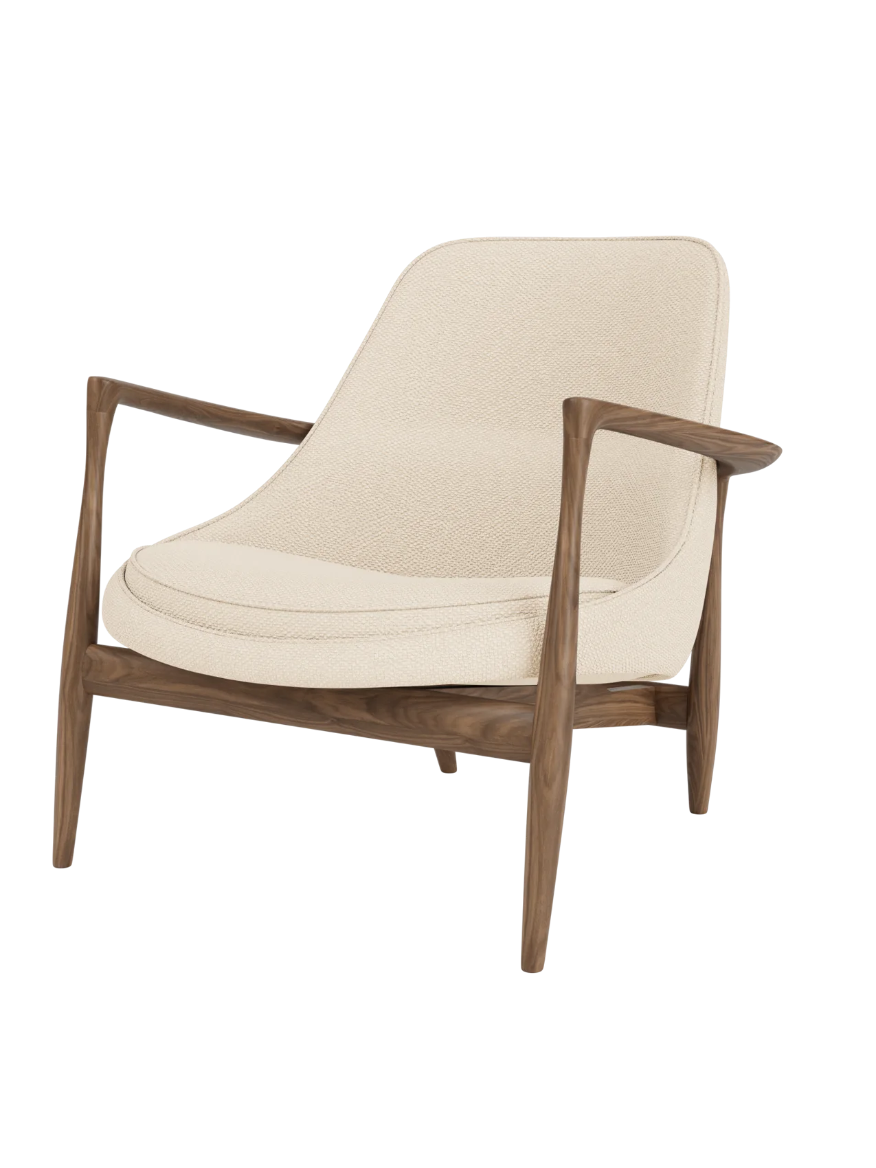 A three-quarter view of the Elizabeth Lounge Chair with walnut frame, sculpted armrests and Logan Jasmine upholstery.