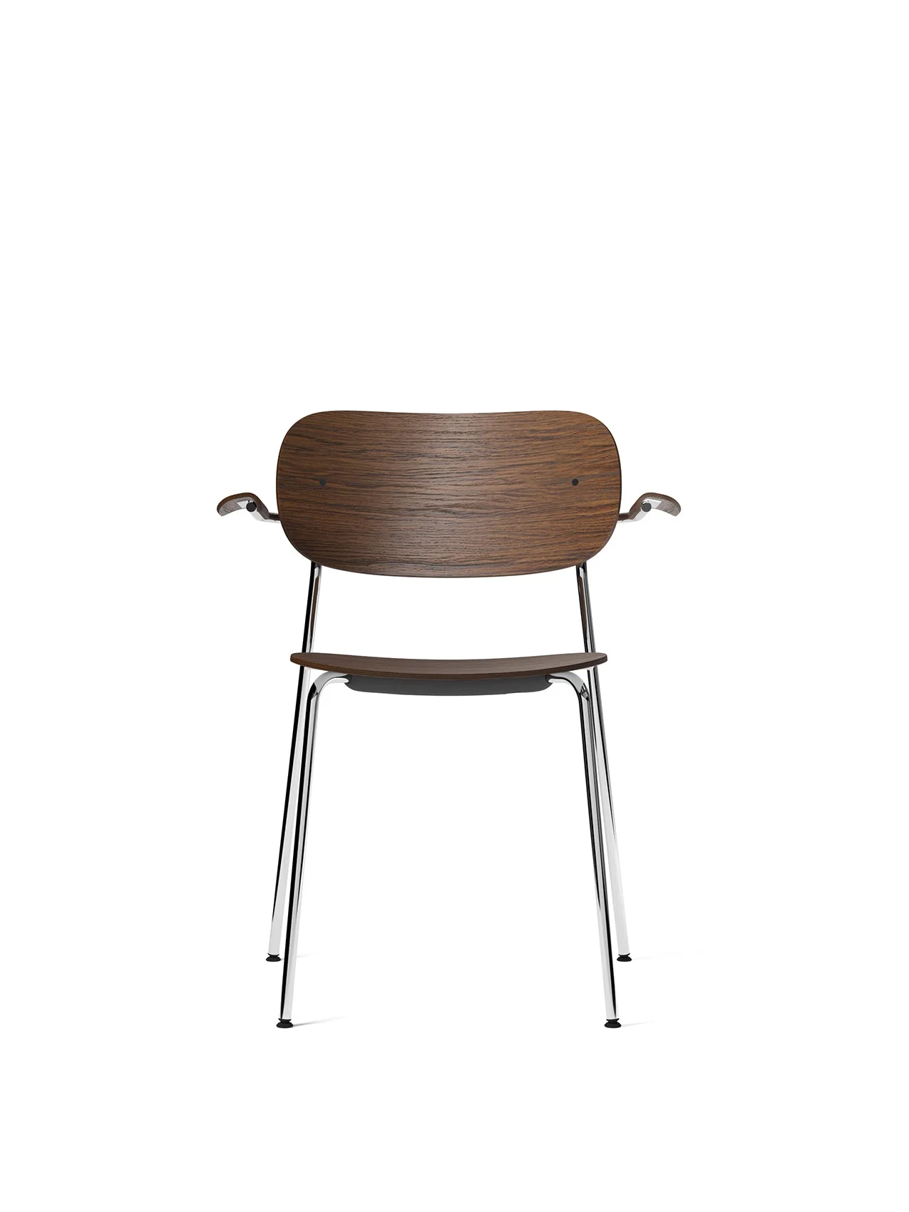 Front view of the Co Dining Chair with armrests, featuring a dark stained oak seat and back on a slender chrome frame.