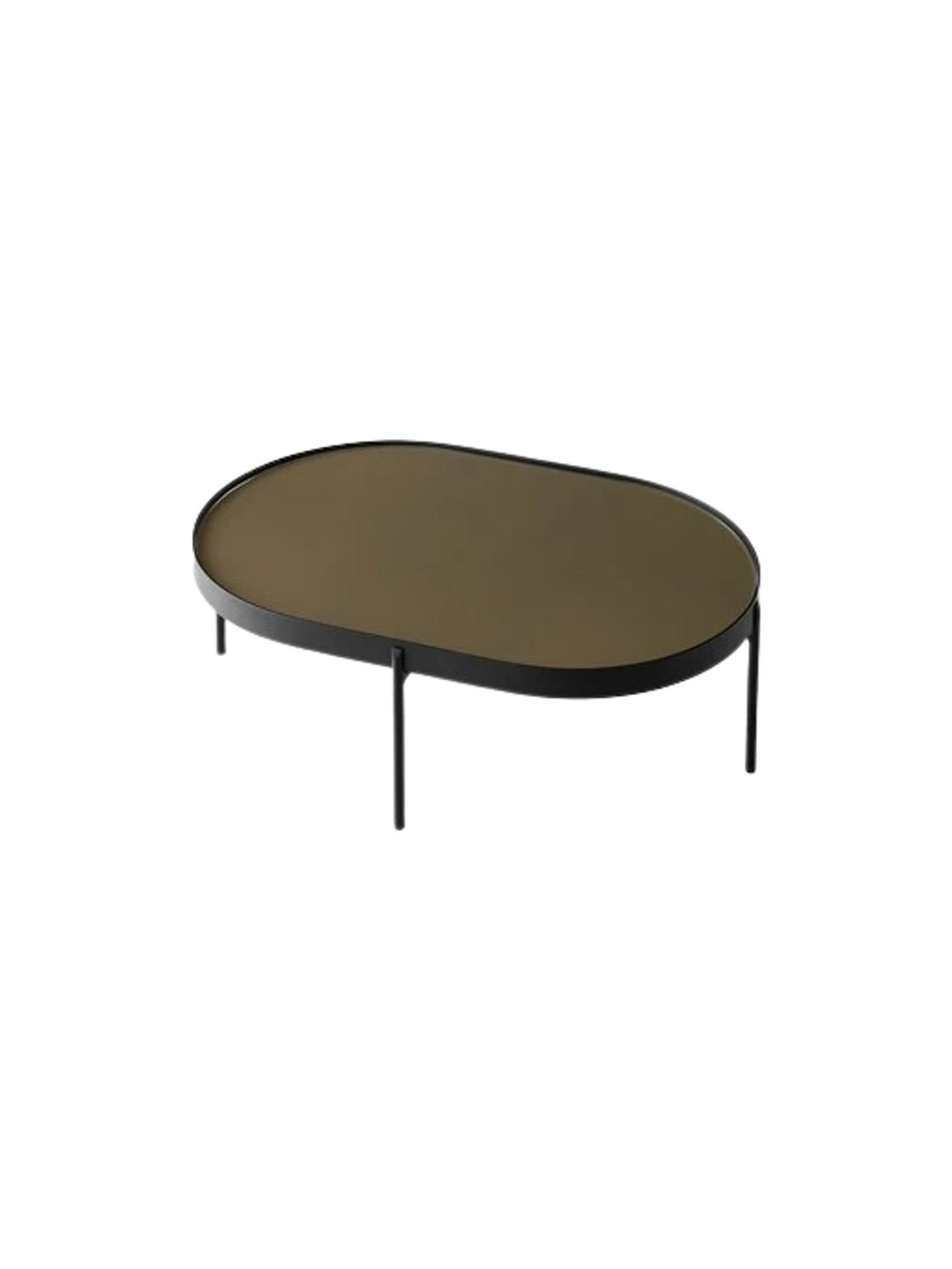 The large NoNo Table, an oval coffee table with a brown glass top and a slender black steel frame on a black background.