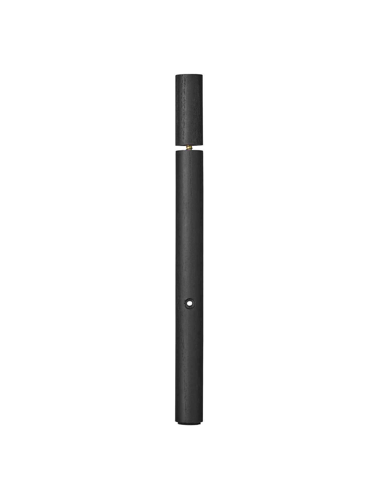A close-up of a long, cylindrical black stained wooden furniture component, possibly a leg, showing the wood grain texture.