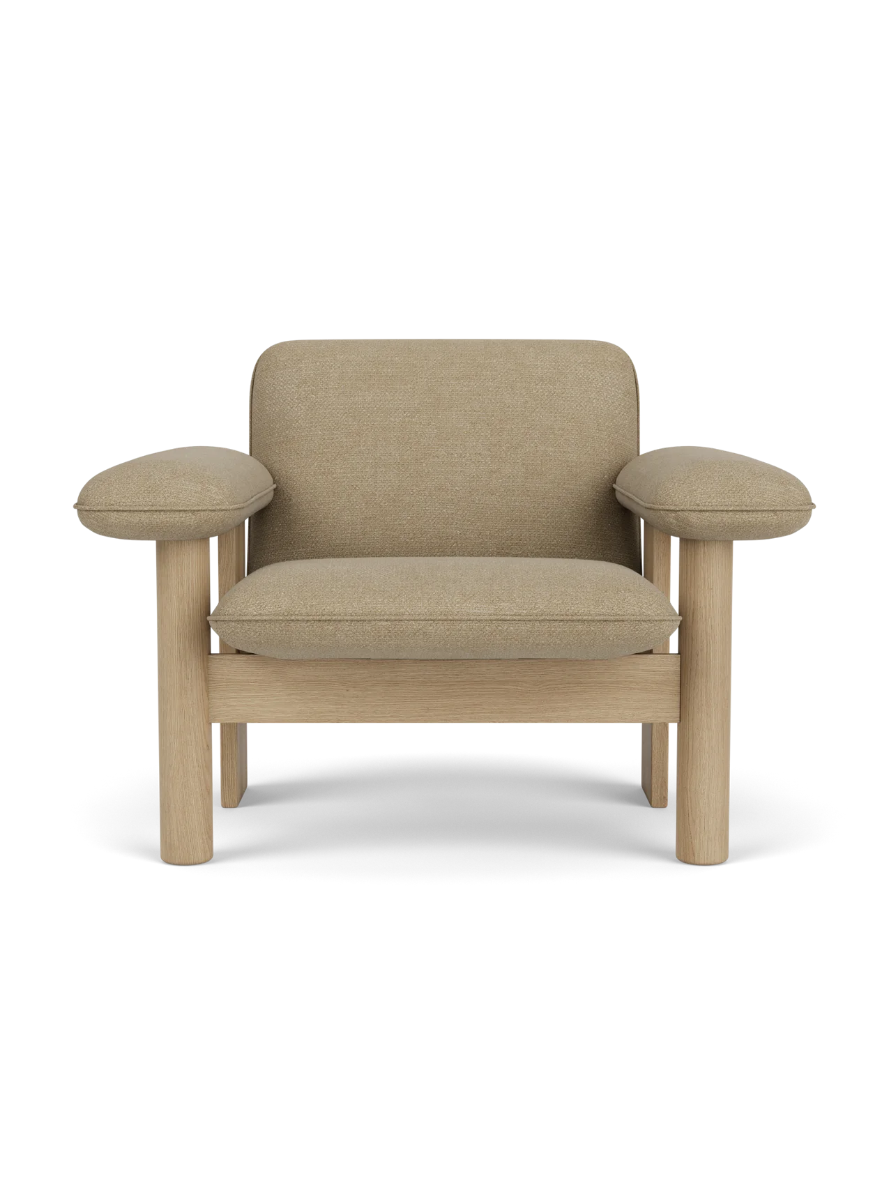 Front view of the Brasilia Lounge Chair, Low Back, with a natural oak frame and upholstered in light beige Audo Bouclé 02.