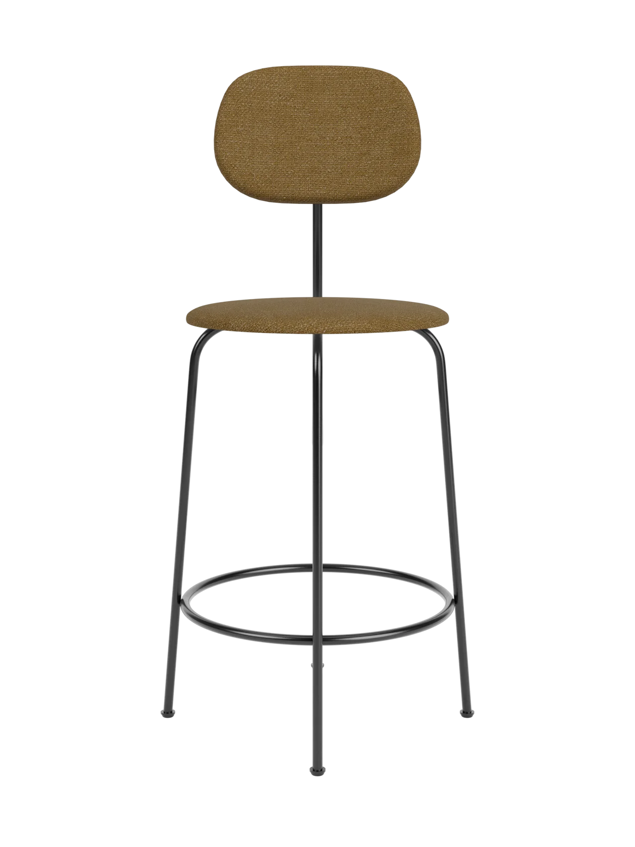 Afteroom Counter Chair Plus in brown bouclé fabric with a minimalist black metal frame and circular footrest.