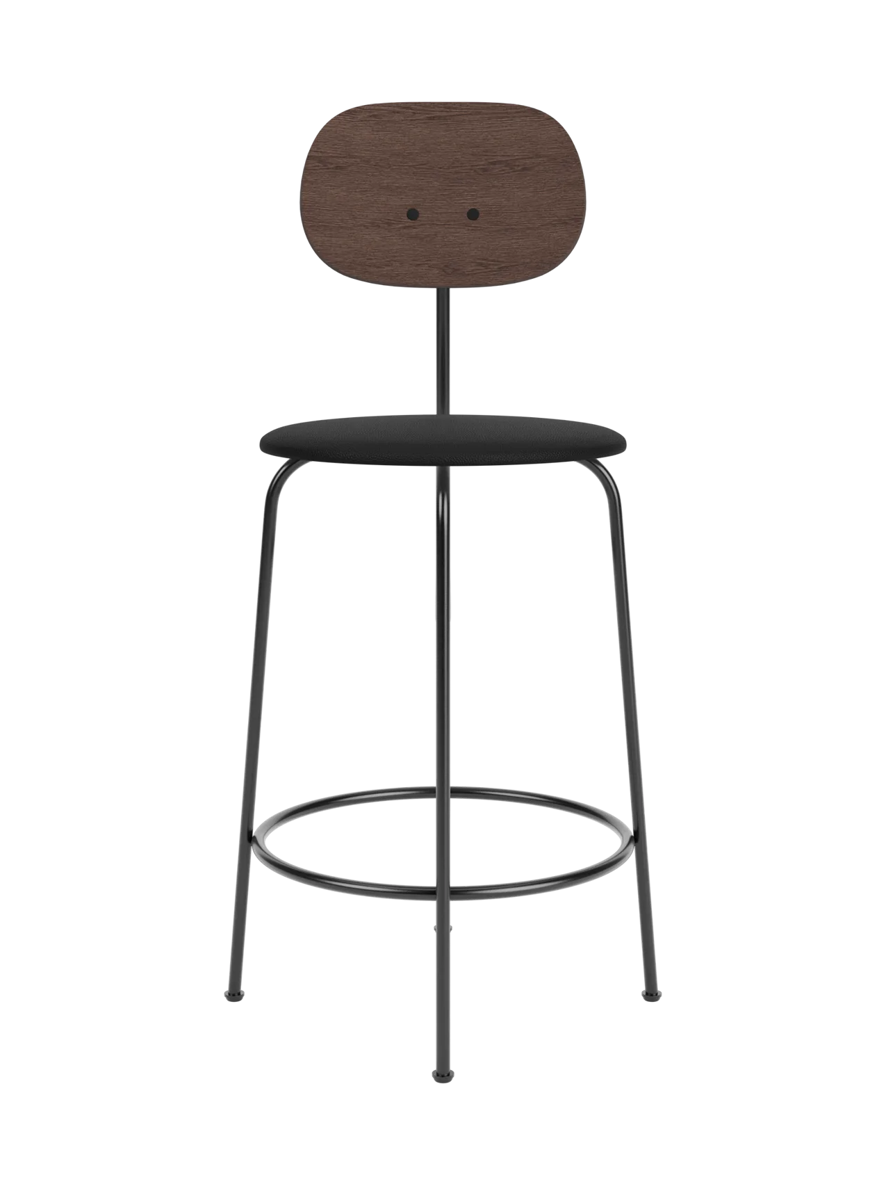 Afteroom Counter Chair Plus featuring a dark stained oak backrest, black upholstered seat and slender black metal frame.