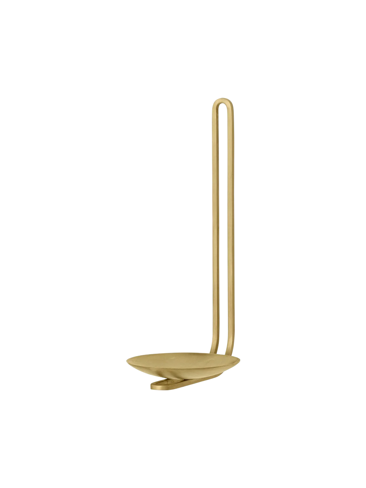 Angled view of the Clip Candle Holder H20 Wall in brass, with its looped handle and saucer base against a black background.