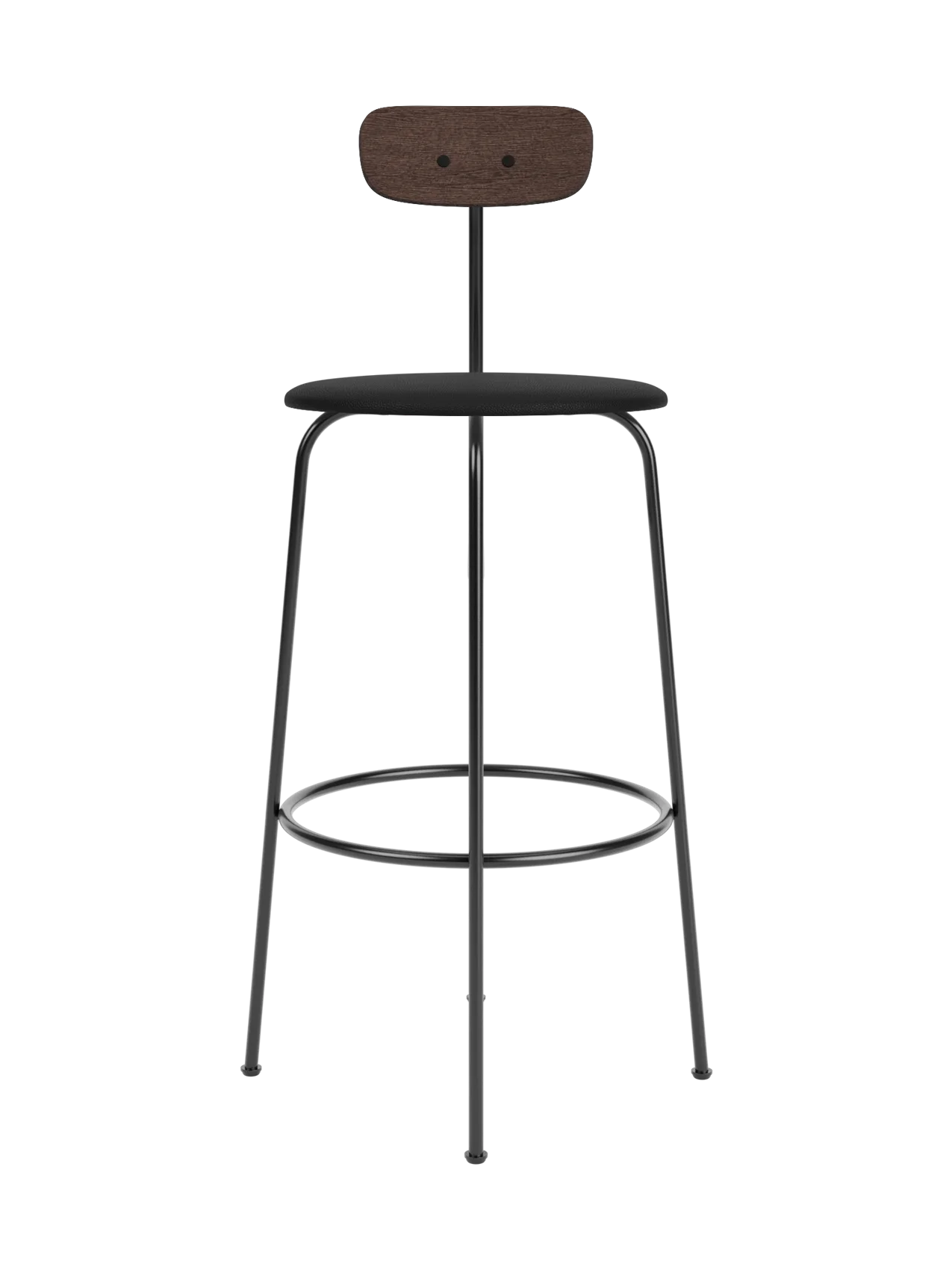 Afteroom Bar Chair with a dark stained oak backrest and black upholstered seat on a slim steel frame.