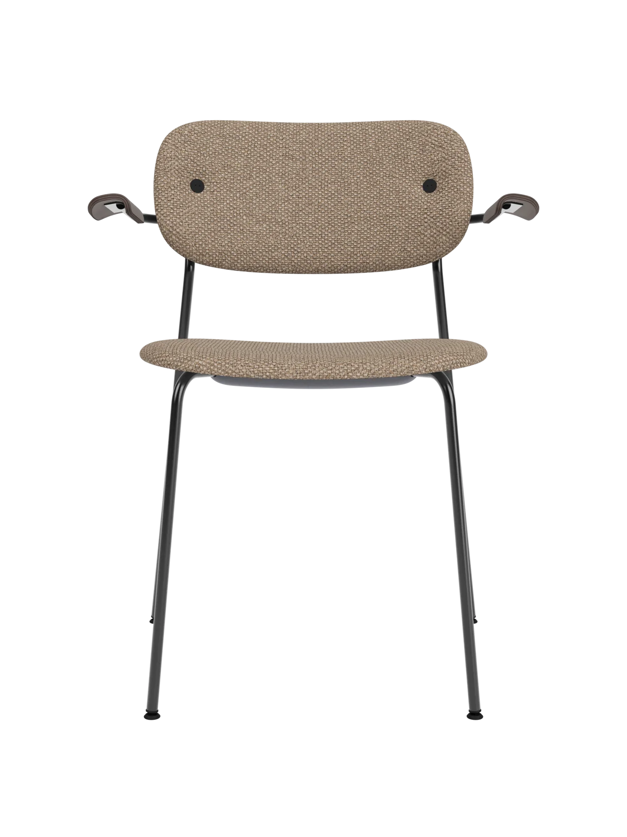 Logan Flint upholstered Co Dining Chair with dark stained oak armrests and a sleek black powder-coated steel frame.