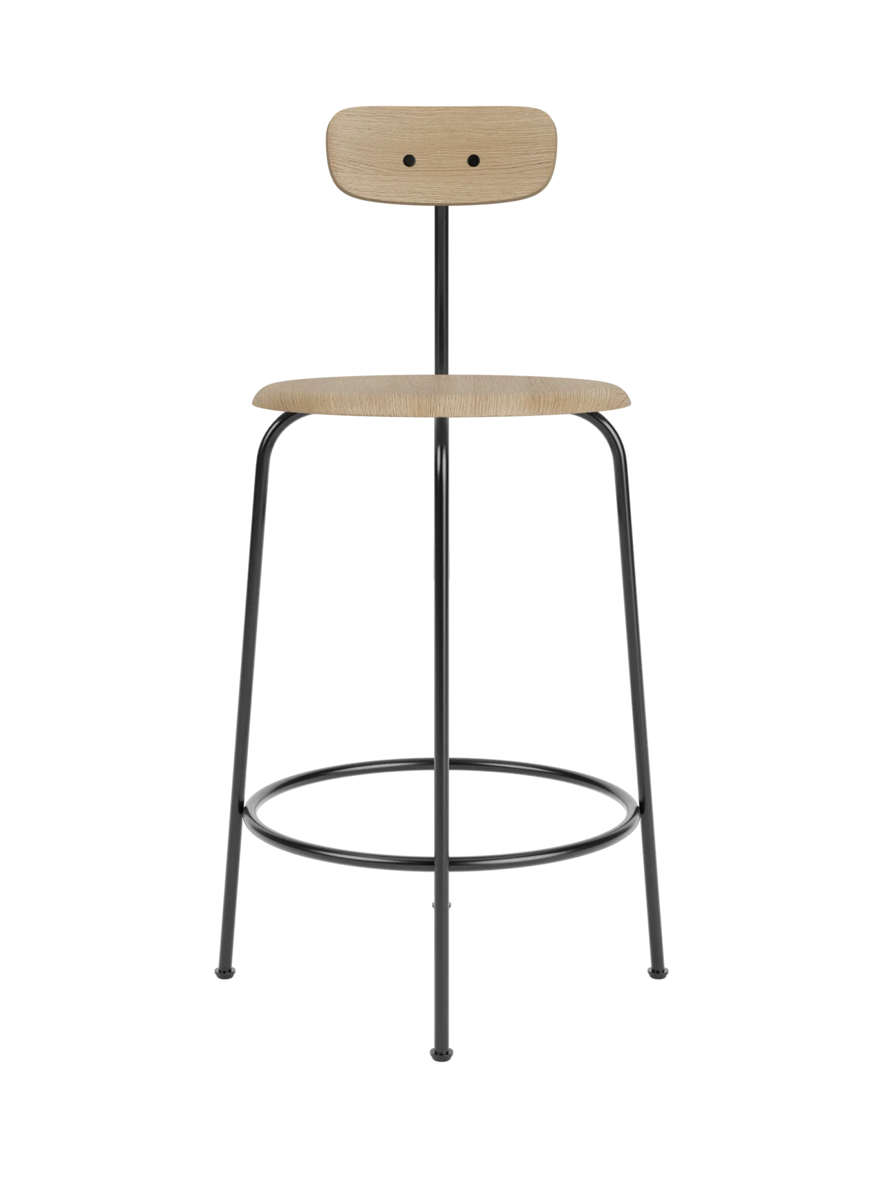 Front view of the Afteroom Counter Chair, Veneer, with natural oak seat and backrest on a minimalist black steel frame.