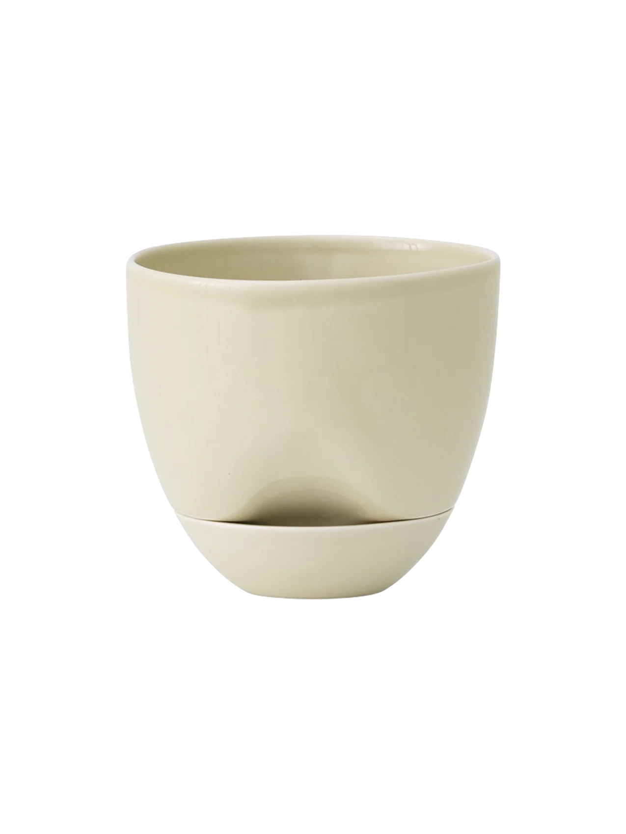 Front view of the Hydrous Planter in a pale Ashen colour. The ceramic planter has a rounded bowl shape and a matching saucer.