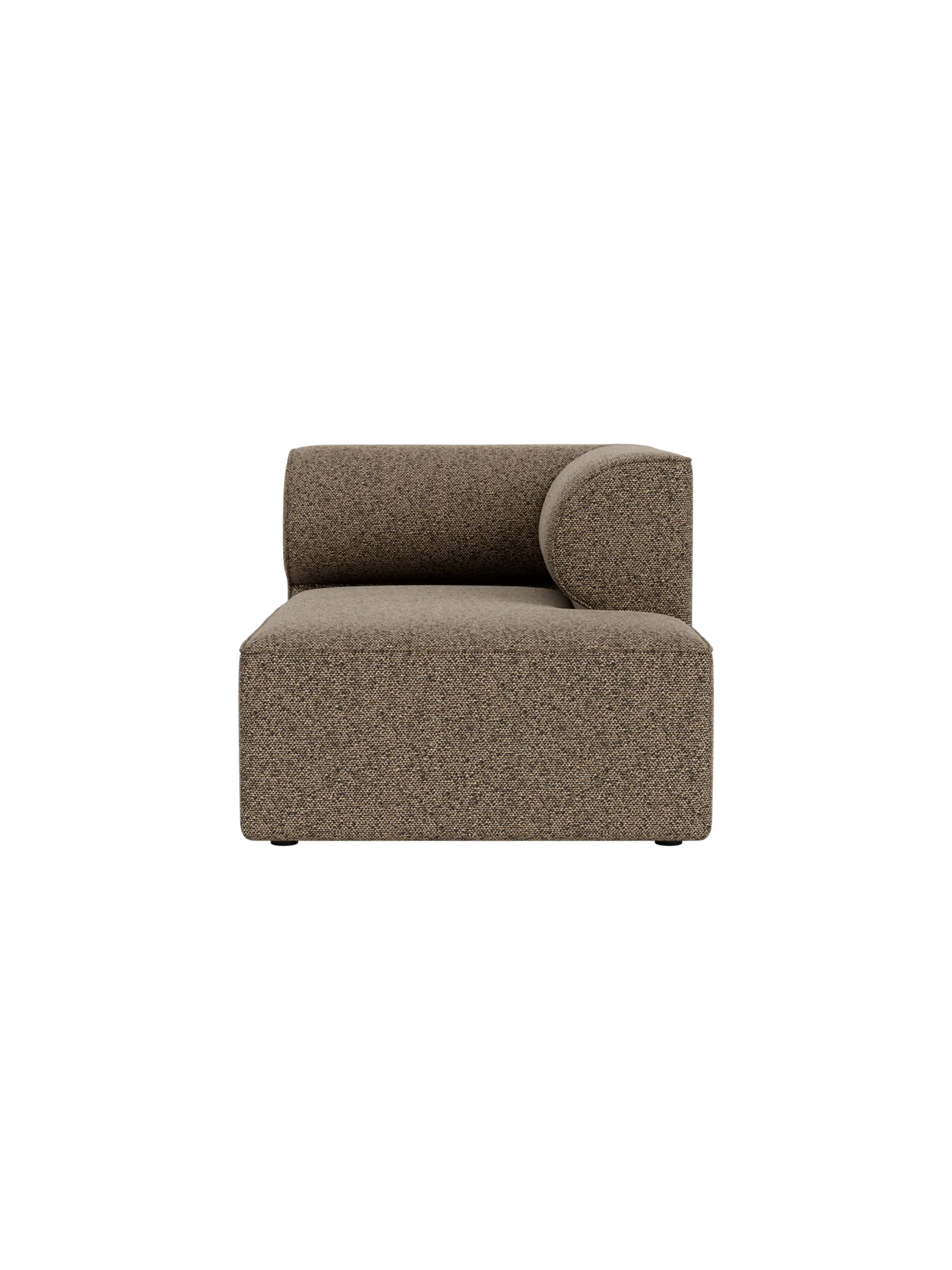 Front view of the Eave Modular Sofa Chaise Longue. The module has a low back and a curved armrest in brown bouclé fabric.