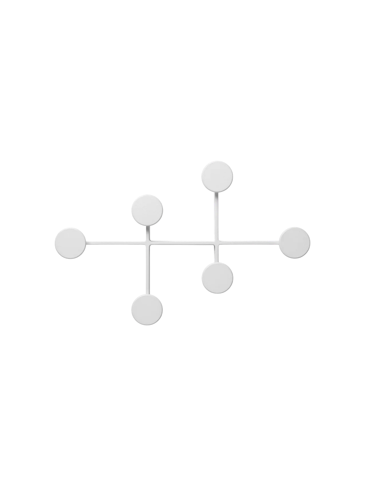 Front view of the white Afteroom Coat Hanger, a minimalist design with six round knobs for hanging, on a black background.