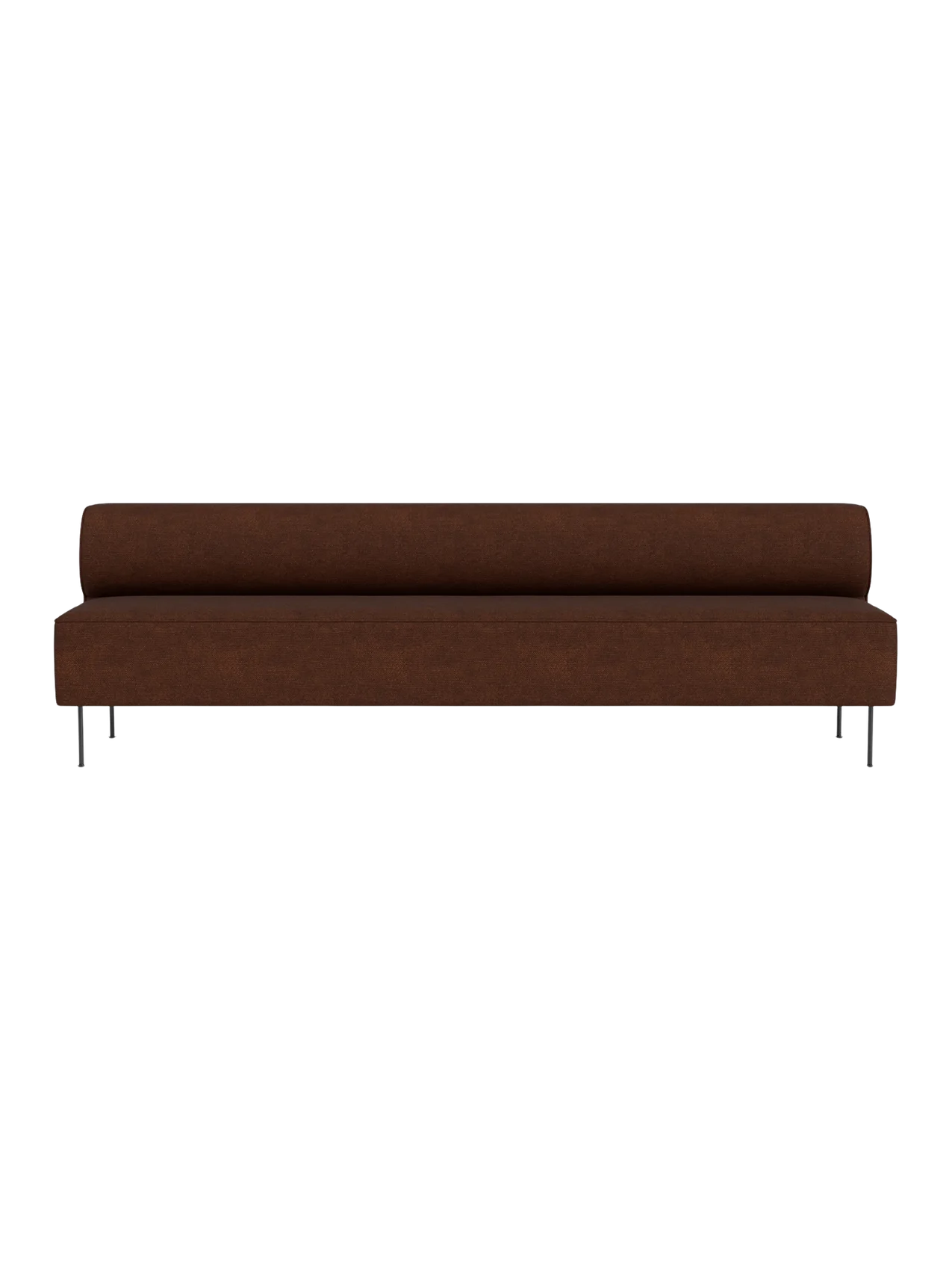 Eave Dining Sofa, Open section modules. The long, minimalist sofa is upholstered in brown fabric with slender metal legs.
