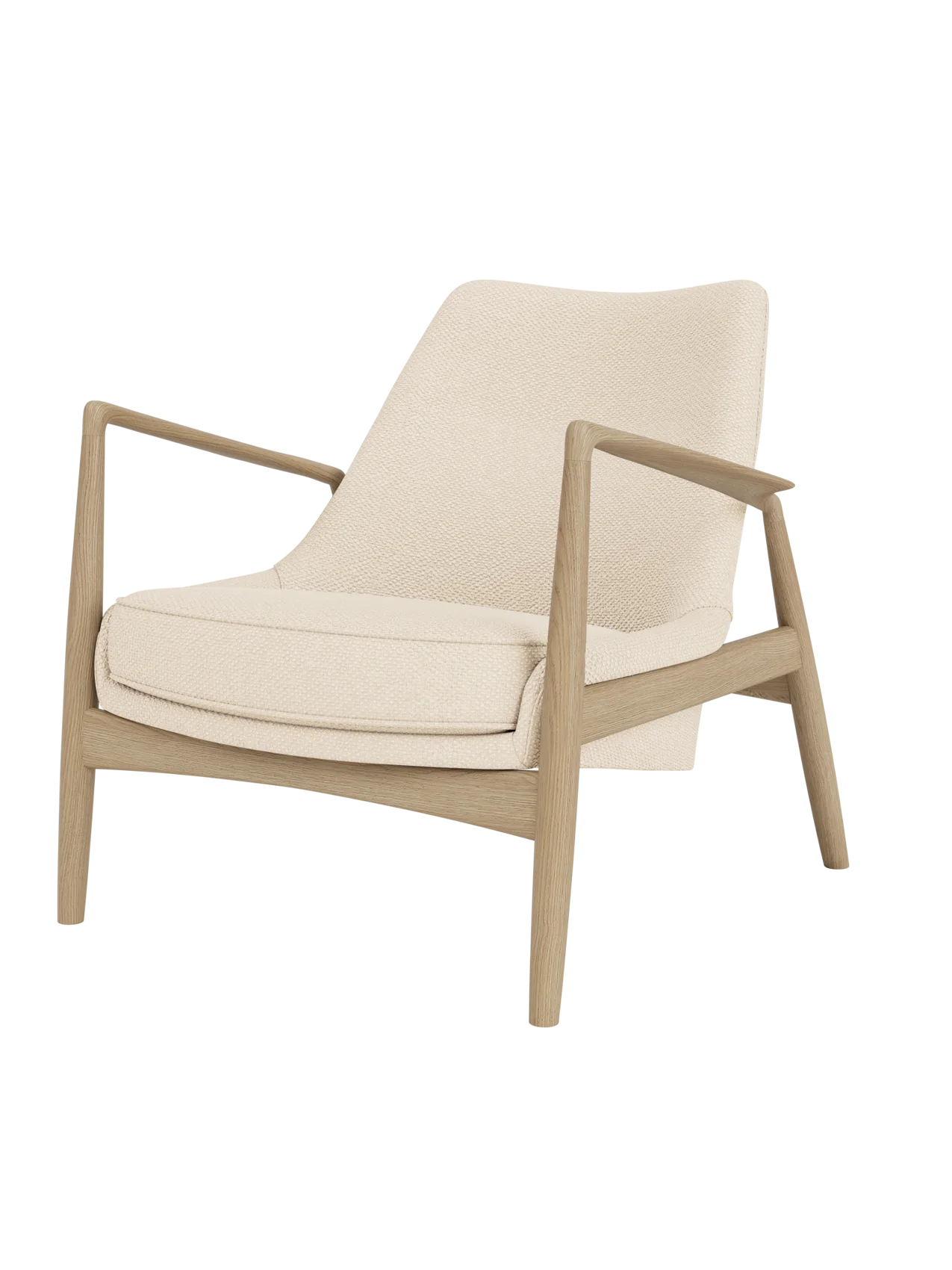 The Seal Lounge Chair, Low Back in natural oak with textured Logan Jasmine upholstery and angled armrests.