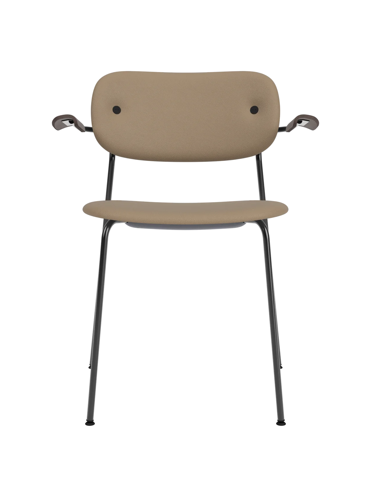 Co Dining Chair, fully upholstered in tan Sierra leather with dark stained oak armrests and black steel frame.