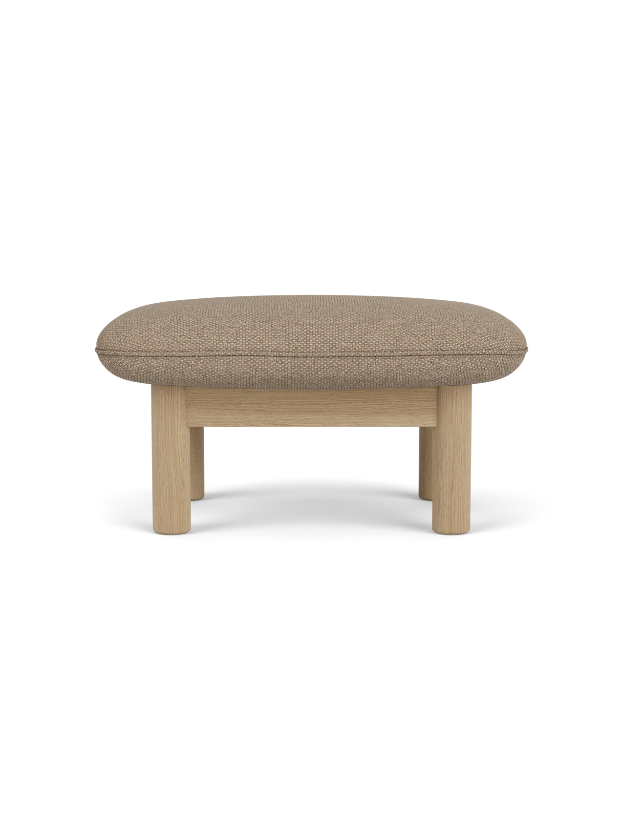 A side view of the Brasilia Ottoman, featuring a textured Logan Flint upholstered cushion and a solid natural oak wood frame.